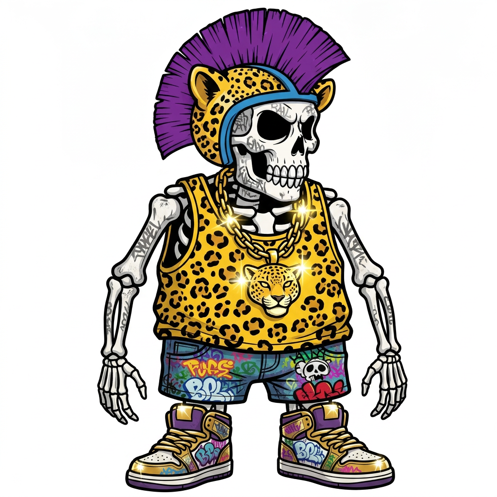 AI Design for Make him a bit more shorter and stubier make the Jaguar tank top have no images of Jack wars instead of having the pattern of the Jaguars and the Jaguar how much should have the Jaguars ears this is not making a bit more shorter you can have like wider bones with the graffiti arch style also make his whole body visible and he was Cool shoes me the tank top of it smaller I guess we can fit on him's wider so it looks very baggy and gangster and yeah just improve those things and give him a chain like shine on