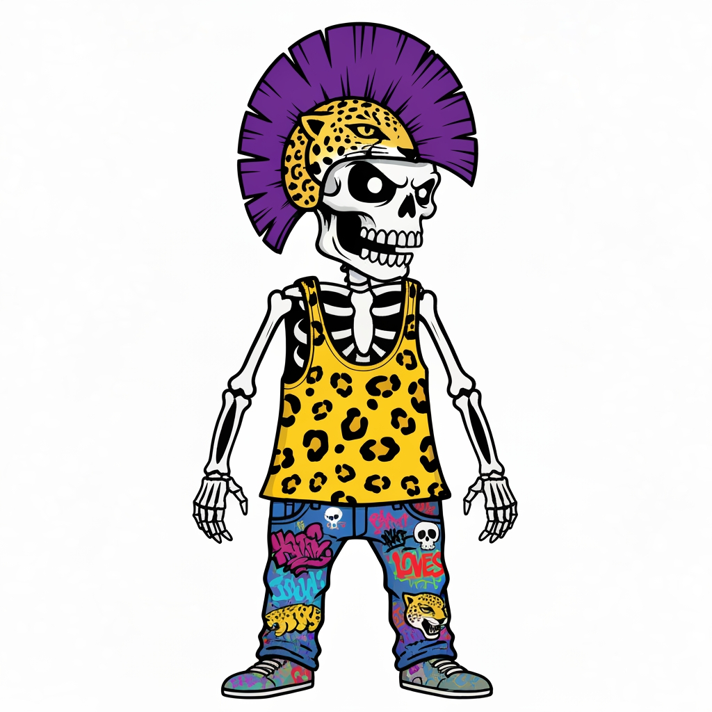 AI Design for Image of a 90s cartoon mascot that's a skeleton where's a tank top with a black outline and is yellow and has Jaguar spots he should also have something like an Aztec Jaguar helmet that has a purple mohawk that's a semi circle starting from half of the helmet and finishing up to close the semi circle it shouldn't left to right have purple black white black purple black white black purple black white black purple black white black purple also he should have graffiti jeans that are colorful from a bunch of graffiti painted on them like text with the big eyes more smaller skeletons heads of jaguars so on it should be very cartoony and graffiti art style with with big bold lines something lines the skeleton should also be very cartoony goofy he doesn't care he wears loves to forgot to mention that and in you should be this like graffiti art style which is very cool I guess it interesting Punk in you should be this like graffiti art style which is very cool I guess it interesting Punk