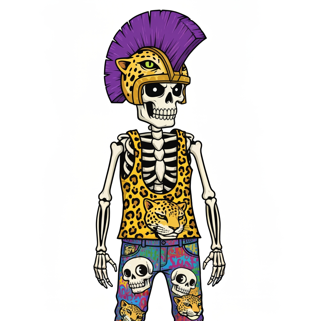 AI Design for Image of a 90s cartoon mascot that's a skeleton where's a tank top with a black outline and is yellow and has Jaguar spots he should also have something like an Aztec Jaguar helmet that has a purple mohawk that's a semi circle starting from half of the helmet and finishing up to close the semi circle it shouldn't left to right have purple black white black purple black white black purple black white black purple black white black purple also he should have graffiti jeans that are colorful from a bunch of graffiti painted on them like text with the big eyes more smaller skeletons heads of jaguars so on it should be very cartoony and graffiti art style with with big bold lines something lines the skeleton should also be very cartoony goofy he doesn't care he wears loves to forgot to mention that and in you should be this like graffiti art style which is very cool I guess it interesting Punk in you should be this like graffiti art style which is very cool I guess it interesting Punk