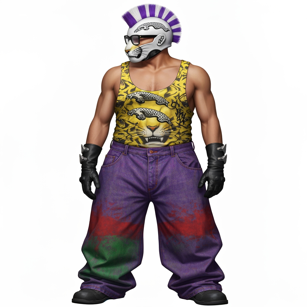 AI Design for Generate me an image of a 90s Style wrapper suit that has baggy jeans and tank top the tank top should be like a graffiti Style never mind it's gonna be a Jaguar like pattern like yellowish and the pants like the denim should be wide and be like a purple green red vibe with mostly purple that's like a graffiti Style then the person should have black gloves have Jaguar like helmet thing that has a side mohawk that's purple white and black like a pattern I should be kind of like 90 style rapper with those like wide glasses and stuff like that