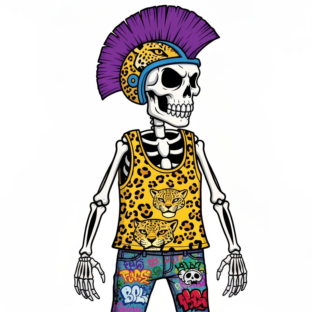 AI Design for Image of a 90s cartoon mascot that's a skeleton where's a tank top with a black outline and is yellow and has Jaguar spots he should also have something like an Aztec Jaguar helmet that has a purple mohawk that's a semi circle starting from half of the helmet and finishing up to close the semi circle it shouldn't left to right have purple black white black purple black white black purple black white black purple black white black purple also he should have graffiti jeans that are colorful from a bunch of graffiti painted on them like text with the big eyes more smaller skeletons heads of jaguars so on it should be very cartoony and graffiti art style with with big bold lines something lines the skeleton should also be very cartoony goofy he doesn't care he wears loves to forgot to mention that and in you should be this like graffiti art style which is very cool I guess it interesting Punk in you should be this like graffiti art style which is very cool I guess it interesting Punk