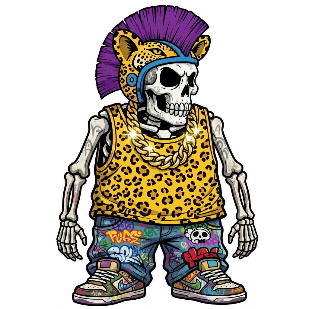 AI Design for Make him a bit more shorter and stubier make the Jaguar tank top have no images of Jack wars instead of having the pattern of the Jaguars and the Jaguar how much should have the Jaguars ears this is not making a bit more shorter you can have like wider bones with the graffiti arch style also make his whole body visible and he was Cool shoes me the tank top of it smaller I guess we can fit on him's wider so it looks very baggy and gangster and yeah just improve those things and give him a chain like shine on