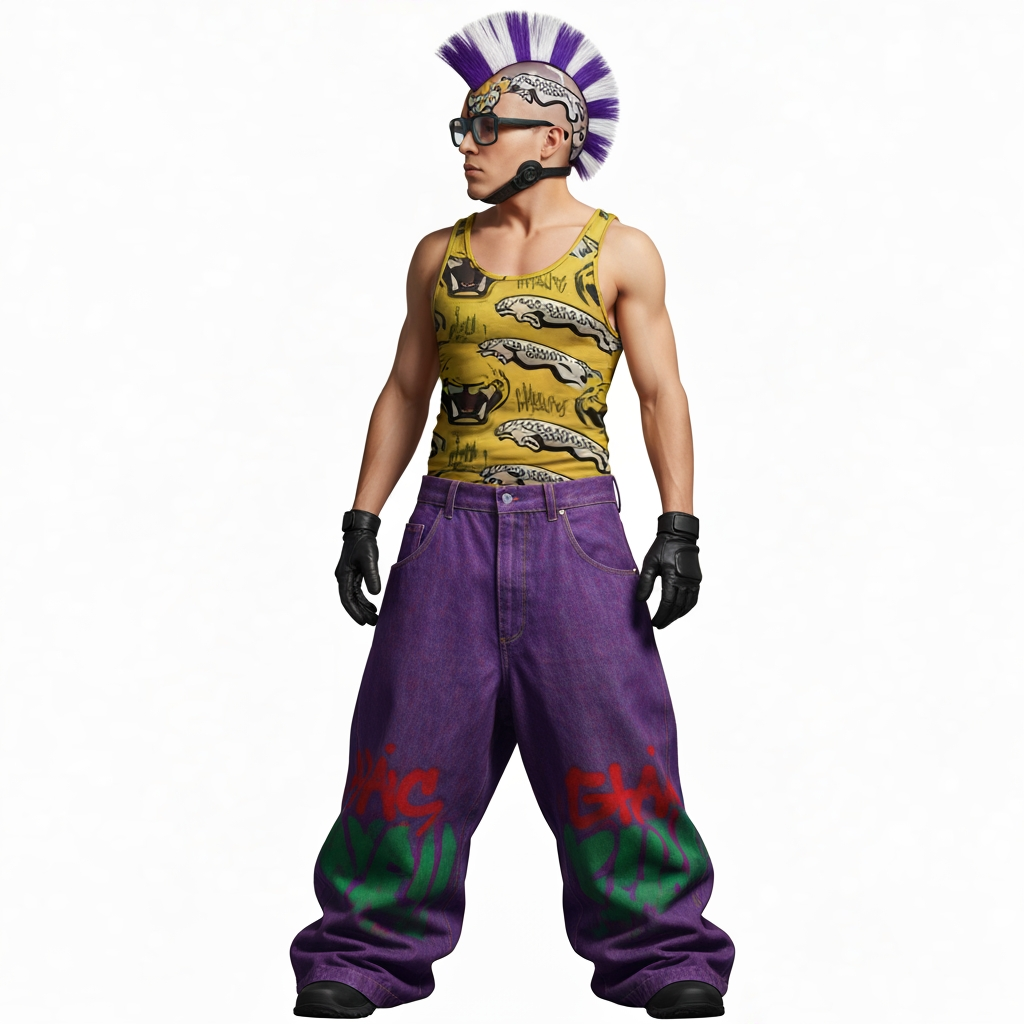 AI Design for Generate me an image of a 90s Style wrapper suit that has baggy jeans and tank top the tank top should be like a graffiti Style never mind it's gonna be a Jaguar like pattern like yellowish and the pants like the denim should be wide and be like a purple green red vibe with mostly purple that's like a graffiti Style then the person should have black gloves have Jaguar like helmet thing that has a side mohawk that's purple white and black like a pattern I should be kind of like 90 style rapper with those like wide glasses and stuff like that