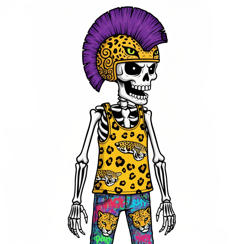 AI Design for Image of a 90s cartoon mascot that's a skeleton where's a tank top with a black outline and is yellow and has Jaguar spots he should also have something like an Aztec Jaguar helmet that has a purple mohawk that's a semi circle starting from half of the helmet and finishing up to close the semi circle it shouldn't left to right have purple black white black purple black white black purple black white black purple black white black purple also he should have graffiti jeans that are colorful from a bunch of graffiti painted on them like text with the big eyes more smaller skeletons heads of jaguars so on it should be very cartoony and graffiti art style with with big bold lines something lines the skeleton should also be very cartoony goofy he doesn't care he wears loves to forgot to mention that and in you should be this like graffiti art style which is very cool I guess it interesting Punk in you should be this like graffiti art style which is very cool I guess it interesting Punk