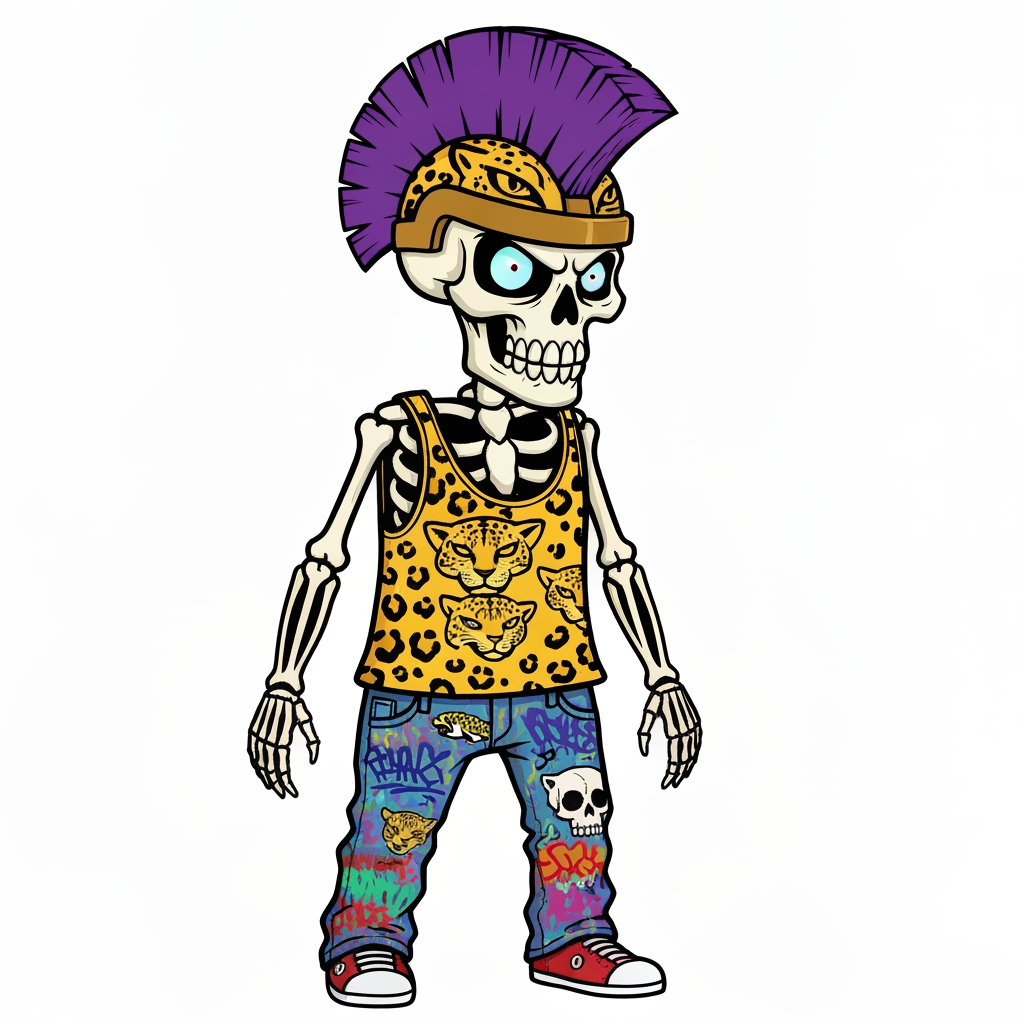 AI Design for Image of a 90s cartoon mascot that's a skeleton where's a tank top with a black outline and is yellow and has Jaguar spots he should also have something like an Aztec Jaguar helmet that has a purple mohawk that's a semi circle starting from half of the helmet and finishing up to close the semi circle it shouldn't left to right have purple black white black purple black white black purple black white black purple black white black purple also he should have graffiti jeans that are colorful from a bunch of graffiti painted on them like text with the big eyes more smaller skeletons heads of jaguars so on it should be very cartoony and graffiti art style with with big bold lines something lines the skeleton should also be very cartoony goofy he doesn't care he wears loves to forgot to mention that and in you should be this like graffiti art style which is very cool I guess it interesting Punk in you should be this like graffiti art style which is very cool I guess it interesting Punk