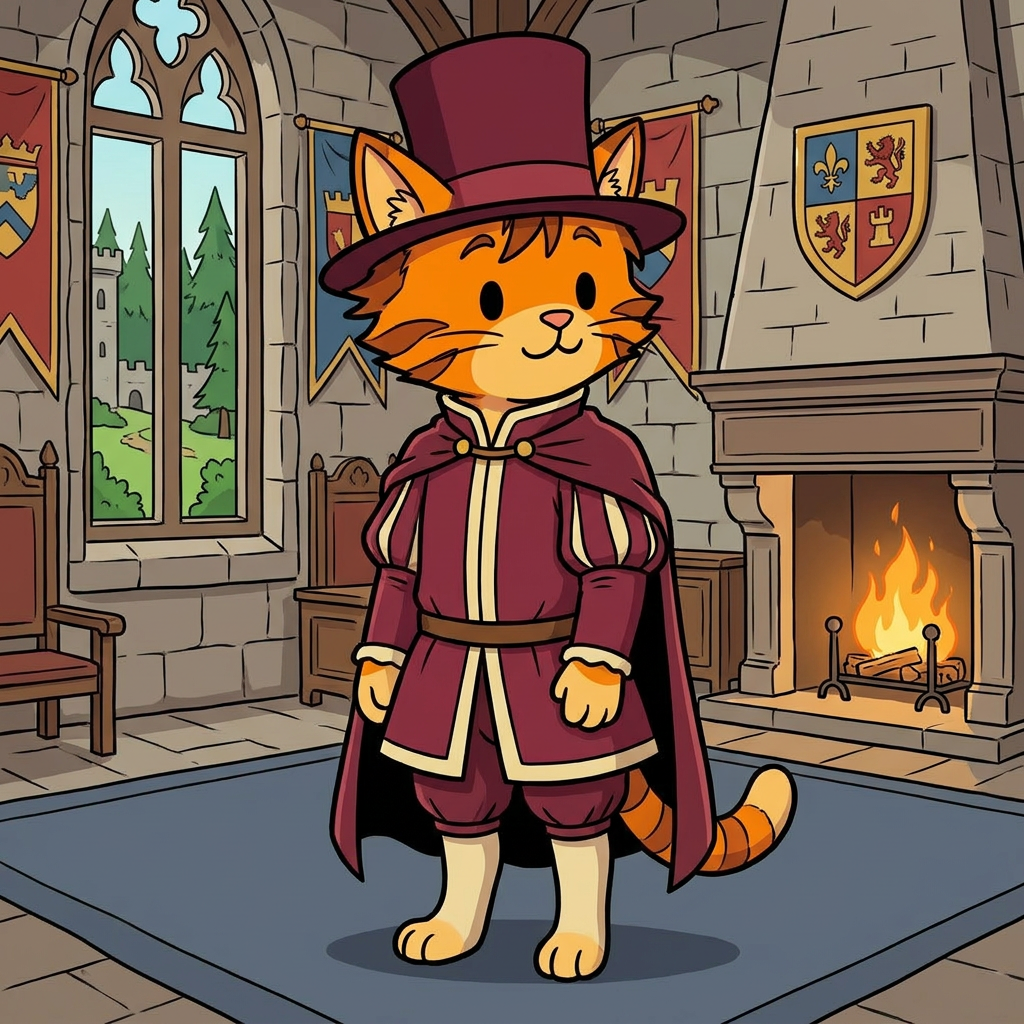 AI Design for cat in the promptbar is not a lion nor tiger just an inpiration for cats colours the cat description is the promptbar cats distant predcessors so use him as inspo .
🐱 Cedric Embermane
Colors:
clothes middle ages
Burgundy
Cream
Reason:
Warm, dependable, family-oriented. old wears a top hat dot eyes same style different clothes and is in a castle room TALL DUDE
