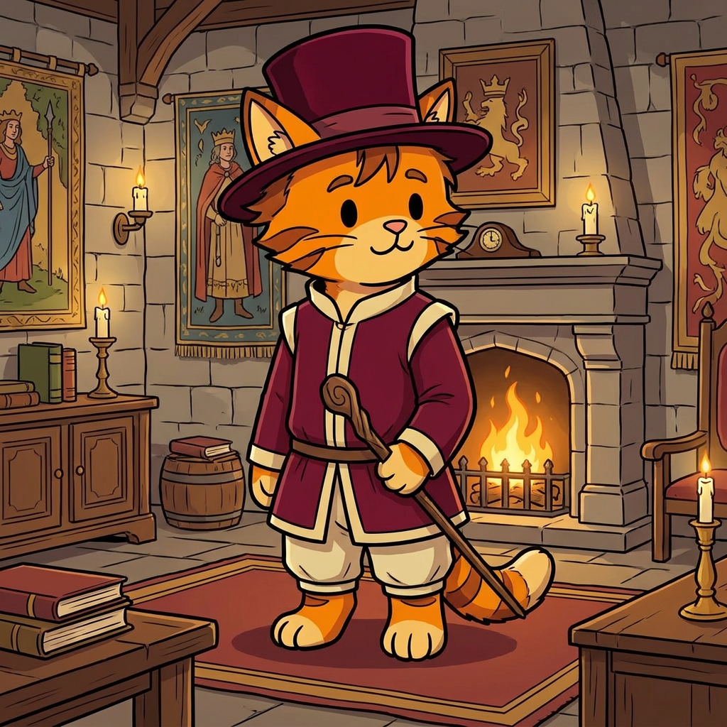 AI Design for cat in the promptbar is not a lion nor tiger just an inpiration for cats colours the cat description is the promptbar cats distant predcessors so use him as inspo .
🐱 Cedric Embermane
Colors:
clothes middle ages
Burgundy
Cream
Reason:
Warm, dependable, family-oriented. old wears a top hat dot eyes same style different clothes and is in a castle room