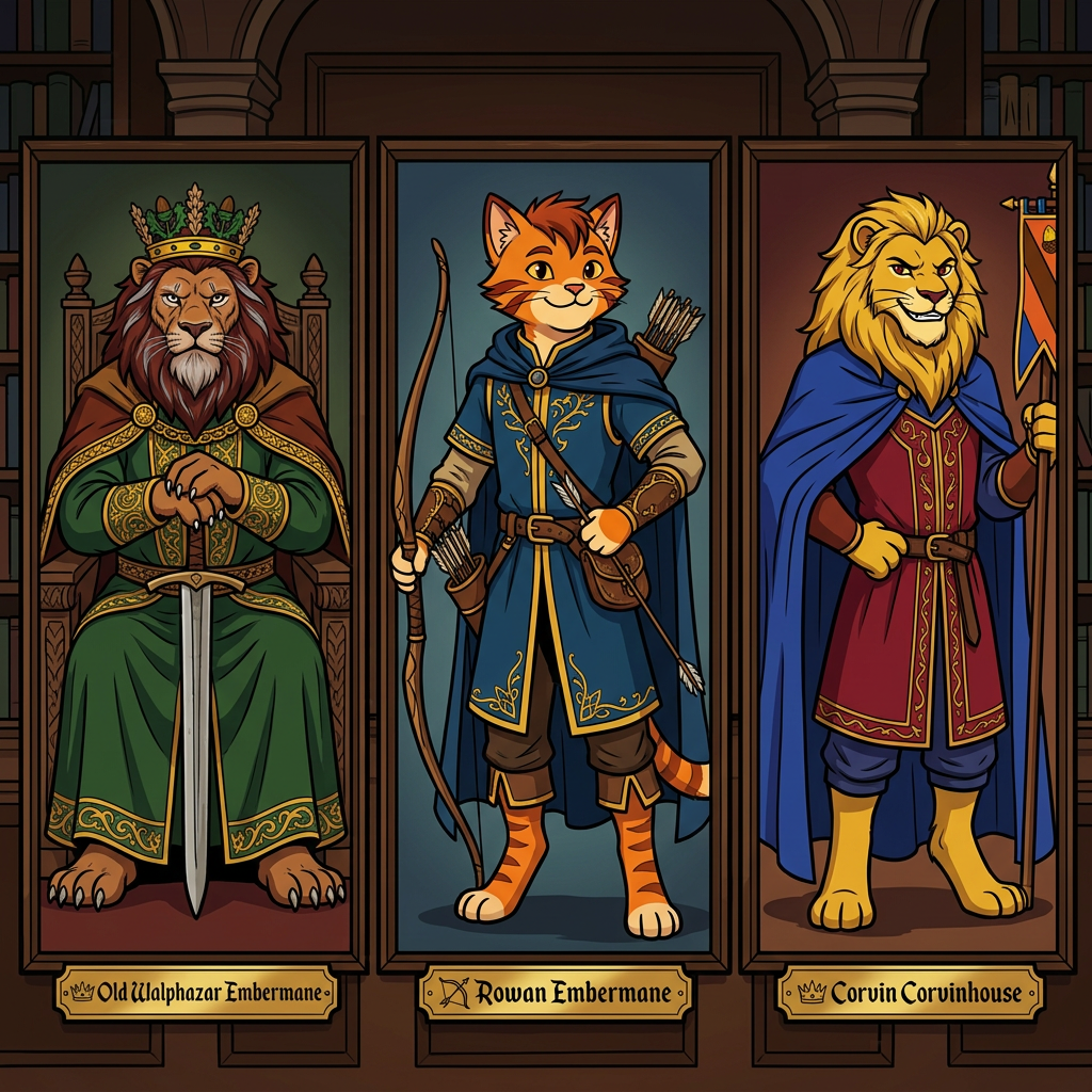 AI Design for in same art syle Perfect. You're starting to build the **portrait gallery** that Jasper would see in the Embermane library.
---
# 🏹 Rowan Embermane
### The Legendary Archer
If Sir Embermane the Great is the founder and Walphazar is the powerful ruler, then **Rowan is the hero children dream about becoming.**
He's the ancestor Jasper becomes obsessed with.
The one whose stories he reads over and over.
---
## Appearance
Like the other Embermanes:
🐱 Orange tabby fur
🔥 Red-brown cheek stripes
🔥 Red-brown ear tips
🔥 Red-brown mane-like hair
The family resemblance should be obvious.
When Jasper looks at the portrait, readers should immediately notice:
> "He looks like Jasper."
---
## Build
Not enormous.
Not a kingly giant.
More athletic.
Lean.
Fast.
Built for traveling and archery.
The sort of cat who spends more time on roads and forest paths than in castles.
---
## Clothing
His iconic colors:
🔵 Deep blue
🟡 Gold
A beautiful archer outfit.
Blue tunic.
Gold trim.
Blue cloak.
Leather archery gear.
Gold embroidery around the edges.
Elegant but practical.
---
## Equipment
🏹 Longbow
His most important item.
The bow should be instantly recognizable.
Not oversized.
Not magical-looking.
Just a beautifully crafted bow used by a legendary archer.
A quiver rests at his side.
---
## Expression
A warm smile.
Confident.
Friendly.
The kind of hero people genuinely liked.
Not intimidating.
Not overly serious.
---
## Pose
One hand resting on his bow.
The other on his belt.
Standing proudly.
Looking slightly toward the horizon.
Almost like he's already thinking about his next adventure.
---
## Reader Impression
When Jasper first sees the portrait:
> "That's him."
Not a king.
Not a ruler.
An adventurer.
A hero.
Exactly the kind of cat Jasper wants to become.
---
# 👑 Corvin Corvinhouse
### Founder of House Corvinhouse
The ancestor from whom the Corvinhouse family takes its name.
The equivalent of Sir Embermane for the Corvinhouses.
---
## Appearance
🐱 Golden-yellow fur
👁️ Dark red eyes
A large golden mane.
Strong jaw.
Confident smile.
---
## Clothing
🔵 Royal blue
🔴 Deep red
These become the traditional Corvinhouse colors.
His clothing should immediately establish the visual identity of the entire family.
Large cape.
Decorative tunic.
Royal appearance.
---
## Build
Tall.
Broad.
Powerful.
Not quite as huge as Sir Embermane the Great.
But still impressive.
---
## Expression
A mischievous grin.
The classic Corvinhouse smile.
Almost like:
> "I know something you don't."
A trait that later appears in Tristan.
---
## Pose
One hand on his hip.
The other holding a royal banner.
Relaxed confidence.
Unlike the stoic Embermanes.
---
# 👑 Old Walphazar Embermane
### The Veteran King
This portrait would be from later in his life.
Not young Walphazar.
The older version.
The king near the end of his reign.
---
## Appearance
Still massive.
Still intimidating.
But older.
His mane has become:
🔥 Dark red-brown
⚪ Streaks of silver
His beard is longer now.
Showing age and wisdom.
---
## Clothing
🟢 Deep green royal robes
🔴 Red-brown cape
🟡 Heavy gold details
The richest Embermane clothing seen so far.
---
## Crown
Larger than the one he wore when younger.
Still elegant.
Still Embermane.
But clearly the crown of a ruler who has worn it for decades.
---
## Expression
This is the important part.
Not anger.
Not arrogance.
Experience.
The expression of someone who has:
* Won victories
* Made mistakes
* Lost friends
* Ruled a kingdom
A ruler carrying the weight of history.
---
## Pose
Seated upon a throne.
Both paws resting on the pommel of a sword.
The sword standing upright before him.
Very similar to Sir Embermane the Great.
Showing that even after all those years, Walphazar still wanted to live up to the founder's legacy.
---
Together, these three portraits would look fantastic in the Embermane library:
🏹 **Rowan Embermane** — the hero.
👑 **Corvin Corvinhouse** — the founder of a rival dynasty.
🔥 **Old Walphazar Embermane** — the king who shaped an era.
Each immediately recognizable from their silhouette, colors, and pose. 📖🏹👑🔥🐱