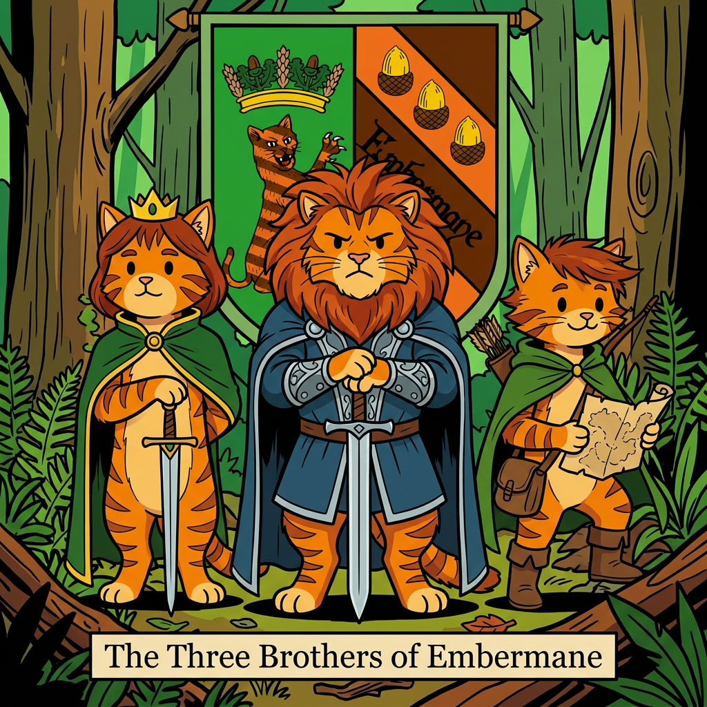 AI Design for Assuming we're talking about the **Three Brothers** who shaped the future of House Embermane—**Jonathan, Henry, and Walphazar Embermane**—I'd make them look like they clearly belong to the same family as Sir Embermane the Great, but each represents a different path.
All in the same style:
* Bold line art
* Dot eyes
* Minimal shading
* Simple coloring
* Storybook proportions
* Family resemblance visible immediately
---
# 👑 Jonathan Embermane
### The Noble Brother
Jonathan is the eldest.
When people see him, they immediately think:
> "That looks like a king."
### Appearance
* Orange tabby fur
* Red-brown cheek stripes
* Broad shoulders
* Tall but not as massive as Sir Embermane
### Hair
* Neatly groomed red-brown mane
* Shoulder length
* Well-maintained
### Clothing
🟢 Deep green royal cloak
🟡 Gold trim
👑 Simple crown
His clothes are elegant without being flashy.
### Expression
Calm.
Responsible.
The type of cat who thinks before speaking.
### Pose
Standing upright.
One paw resting on the hilt of a ceremonial sword.
The other behind his back.
Very formal.
Very regal.
---
# 🦅 Henry Embermane
### The Adventurer
Henry is the explorer.
The wanderer.
The brother who was always looking beyond the horizon.
### Appearance
* Slightly leaner build
* Athletic
* Tall
### Hair
* Messier mane
* Wind-swept look
* Slightly shorter than Jonathan's
### Clothing
🌲 Green travel cloak
🟤 Brown boots
🏹 Archer gear
🗺 Travel satchel
He looks ready to leave for an adventure at any moment.
### Expression
Friendly smile.
Curious eyes.
Always looks like he's thinking:
> "I wonder what's over that hill."
### Pose
Holding a rolled map.
One foot slightly forward.
As if he might start walking at any moment.
---
# 🔥 Walphazar Embermane
### The Ambitious Brother
Walphazar is the most intimidating.
Not evil.
But intense.
The brother who wanted more.
### Appearance
* Largest of the three brothers
* Broad chest
* Strong jaw
Almost approaching Sir Embermane's size.
### Hair
Huge ember-colored mane.
Much larger than his brothers'.
A symbol of pride and power.
### Clothing
blue silver
His clothing is more elaborate than Jonathan's.
He wants people to notice him.
### Expression
Serious.
Determined.
Confident.
The type of cat who enters a room and immediately takes control.
### Pose
Standing with both hands resting on a large sword.
Similar to Sir Embermane.
Showing that he admired the founder greatly.
### Impression
Readers should immediately think:
> "This is the brother who changed everything."
---
# 🖼️ The Three Brothers Portrait
The coolest image might actually be all three together.
Jonathan on the left.
Henry on the right.
Walphazar in the center.
All wearing different variations of Embermane colors:
🔴 Red-brown
🟡 Gold
Behind them hangs the Embermane banner.
Beneath them:
**The Three Brothers of Embermane**
The image should feel important because these three are the reason the family history became so complicated in the first place. Their choices shaped everything that happens generations later—including Jasper's story. 📖👑🔥🏹🐱 jasper is the cat in the prompt bar but dont include him just replicate the art syle cats not lions CATS TABBY ORANGE BROWN KITTENS