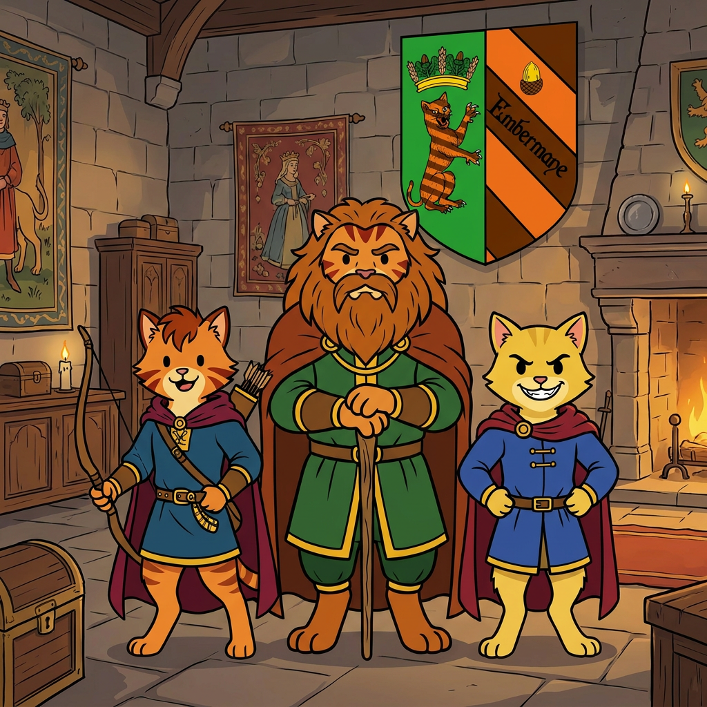 AI Design for the yellow cat does not have a maine and sir embermane the great sould not be in this photo put the charachters in a middle age room with walthazar in the middle and the boys like their sons and yellow cat has dot eyes like everyone else and has an evil grin no text the yellow cat IS NOT A LION and this should be a family photo with them only and this is their coat of arms in background this coat of arms