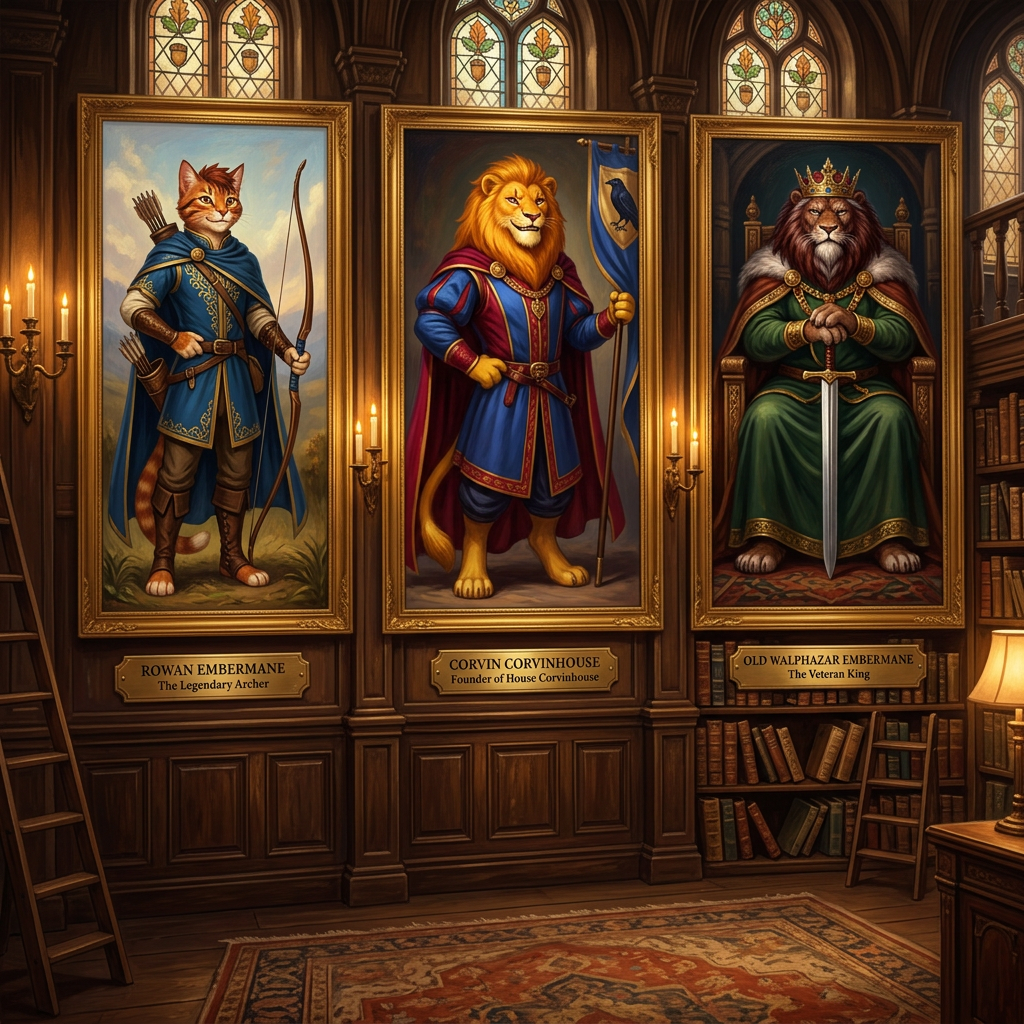 AI Design for in same art syle Perfect. You're starting to build the **portrait gallery** that Jasper would see in the Embermane library.
---
# 🏹 Rowan Embermane
### The Legendary Archer
If Sir Embermane the Great is the founder and Walphazar is the powerful ruler, then **Rowan is the hero children dream about becoming.**
He's the ancestor Jasper becomes obsessed with.
The one whose stories he reads over and over.
---
## Appearance
Like the other Embermanes:
🐱 Orange tabby fur
🔥 Red-brown cheek stripes
🔥 Red-brown ear tips
🔥 Red-brown mane-like hair
The family resemblance should be obvious.
When Jasper looks at the portrait, readers should immediately notice:
> "He looks like Jasper."
---
## Build
Not enormous.
Not a kingly giant.
More athletic.
Lean.
Fast.
Built for traveling and archery.
The sort of cat who spends more time on roads and forest paths than in castles.
---
## Clothing
His iconic colors:
🔵 Deep blue
🟡 Gold
A beautiful archer outfit.
Blue tunic.
Gold trim.
Blue cloak.
Leather archery gear.
Gold embroidery around the edges.
Elegant but practical.
---
## Equipment
🏹 Longbow
His most important item.
The bow should be instantly recognizable.
Not oversized.
Not magical-looking.
Just a beautifully crafted bow used by a legendary archer.
A quiver rests at his side.
---
## Expression
A warm smile.
Confident.
Friendly.
The kind of hero people genuinely liked.
Not intimidating.
Not overly serious.
---
## Pose
One hand resting on his bow.
The other on his belt.
Standing proudly.
Looking slightly toward the horizon.
Almost like he's already thinking about his next adventure.
---
## Reader Impression
When Jasper first sees the portrait:
> "That's him."
Not a king.
Not a ruler.
An adventurer.
A hero.
Exactly the kind of cat Jasper wants to become.
---
# 👑 Corvin Corvinhouse
### Founder of House Corvinhouse
The ancestor from whom the Corvinhouse family takes its name.
The equivalent of Sir Embermane for the Corvinhouses.
---
## Appearance
🐱 Golden-yellow fur
👁️ Dark red eyes
A large golden mane.
Strong jaw.
Confident smile.
---
## Clothing
🔵 Royal blue
🔴 Deep red
These become the traditional Corvinhouse colors.
His clothing should immediately establish the visual identity of the entire family.
Large cape.
Decorative tunic.
Royal appearance.
---
## Build
Tall.
Broad.
Powerful.
Not quite as huge as Sir Embermane the Great.
But still impressive.
---
## Expression
A mischievous grin.
The classic Corvinhouse smile.
Almost like:
> "I know something you don't."
A trait that later appears in Tristan.
---
## Pose
One hand on his hip.
The other holding a royal banner.
Relaxed confidence.
Unlike the stoic Embermanes.
---
# 👑 Old Walphazar Embermane
### The Veteran King
This portrait would be from later in his life.
Not young Walphazar.
The older version.
The king near the end of his reign.
---
## Appearance
Still massive.
Still intimidating.
But older.
His mane has become:
🔥 Dark red-brown
⚪ Streaks of silver
His beard is longer now.
Showing age and wisdom.
---
## Clothing
🟢 Deep green royal robes
🔴 Red-brown cape
🟡 Heavy gold details
The richest Embermane clothing seen so far.
---
## Crown
Larger than the one he wore when younger.
Still elegant.
Still Embermane.
But clearly the crown of a ruler who has worn it for decades.
---
## Expression
This is the important part.
Not anger.
Not arrogance.
Experience.
The expression of someone who has:
* Won victories
* Made mistakes
* Lost friends
* Ruled a kingdom
A ruler carrying the weight of history.
---
## Pose
Seated upon a throne.
Both paws resting on the pommel of a sword.
The sword standing upright before him.
Very similar to Sir Embermane the Great.
Showing that even after all those years, Walphazar still wanted to live up to the founder's legacy.
---
Together, these three portraits would look fantastic in the Embermane library:
🏹 **Rowan Embermane** — the hero.
👑 **Corvin Corvinhouse** — the founder of a rival dynasty.
🔥 **Old Walphazar Embermane** — the king who shaped an era.
Each immediately recognizable from their silhouette, colors, and pose. 📖🏹👑🔥🐱 THEY ARE ALL CATS NOT LIONSSSSSSSSSSSSSSSSSSSSSSS