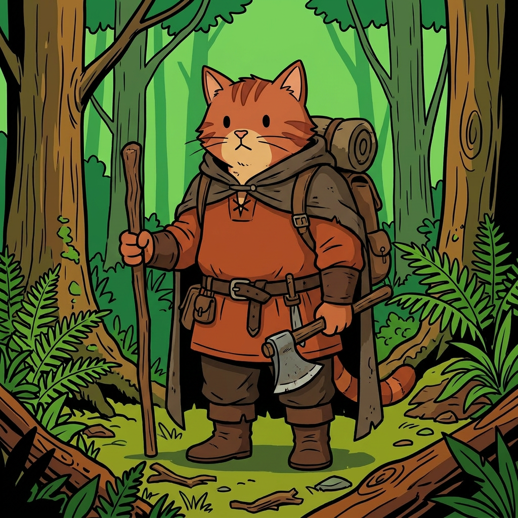 AI Design for cat in the promptbar is not a lion nor tiger just an inpiration for cats colours the cat description is the promptbar cats distant predcessors so use him as inspo .
same art syle speceies different height pose gender japer is the orange cat in prombar 🐱 Jasper's Father
he is orange with brownish red .
Colors:
od clothes+
Rust orange
Dark brown
Reason:
A hardworking, practical Embermane.
Reason:
Outdoorsy and adventurous.
dot eyes minimal shading simple colours middle ages and dot eyes.