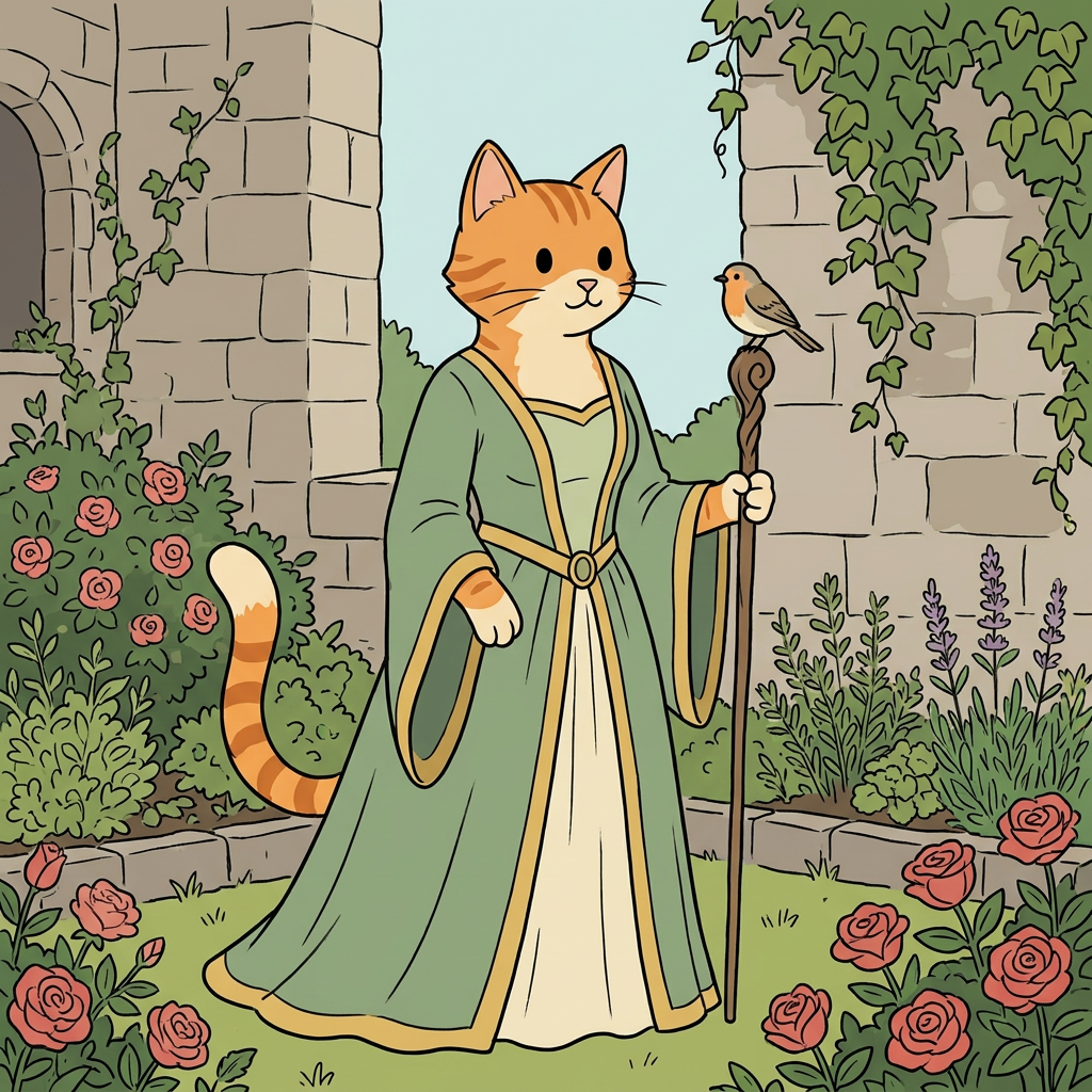 AI Design for cat in the promptbar is not a lion nor tiger just an inpiration for cats colours the cat description is the promptbar cats distant predcessors so use him as inspo .
same art syle speceies different height pose gender 🌿 Hazel Embermane
Colors:
of clothes
Sage green
Cream
Soft gold
Reason:
Gentle and wise. in castle garden dot eyes minimal shading simple colours middle ages and dot eyes.