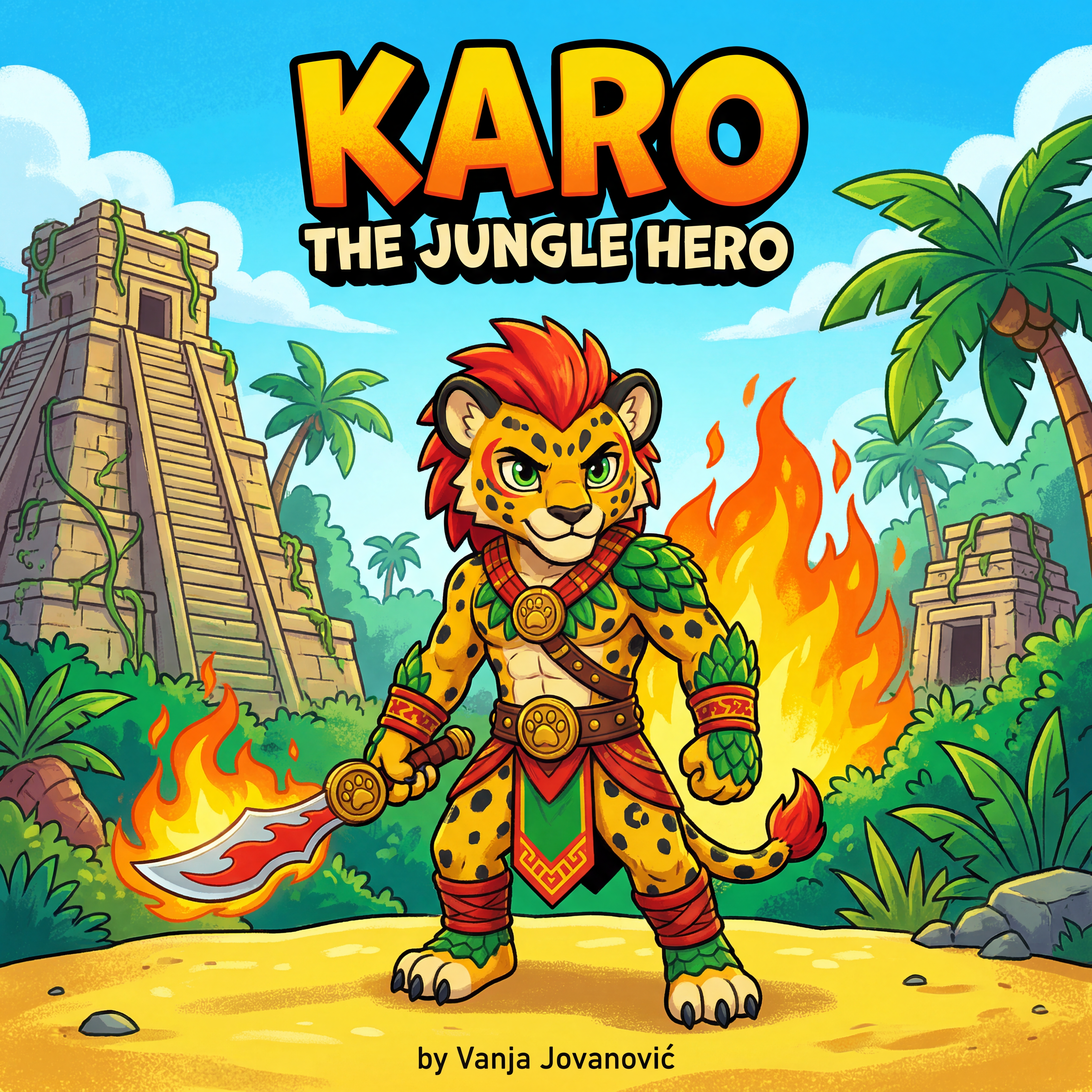 AI Design for book cover not to realisitc named karo the jungle hero name of author Vanja Jovanović and in the same cartoony art stzle like a dogman book or mario promo art art style with a jungle backdrop temples palm trees fire and karo is holding the fire sabre on the image also yellow bits like sand cool