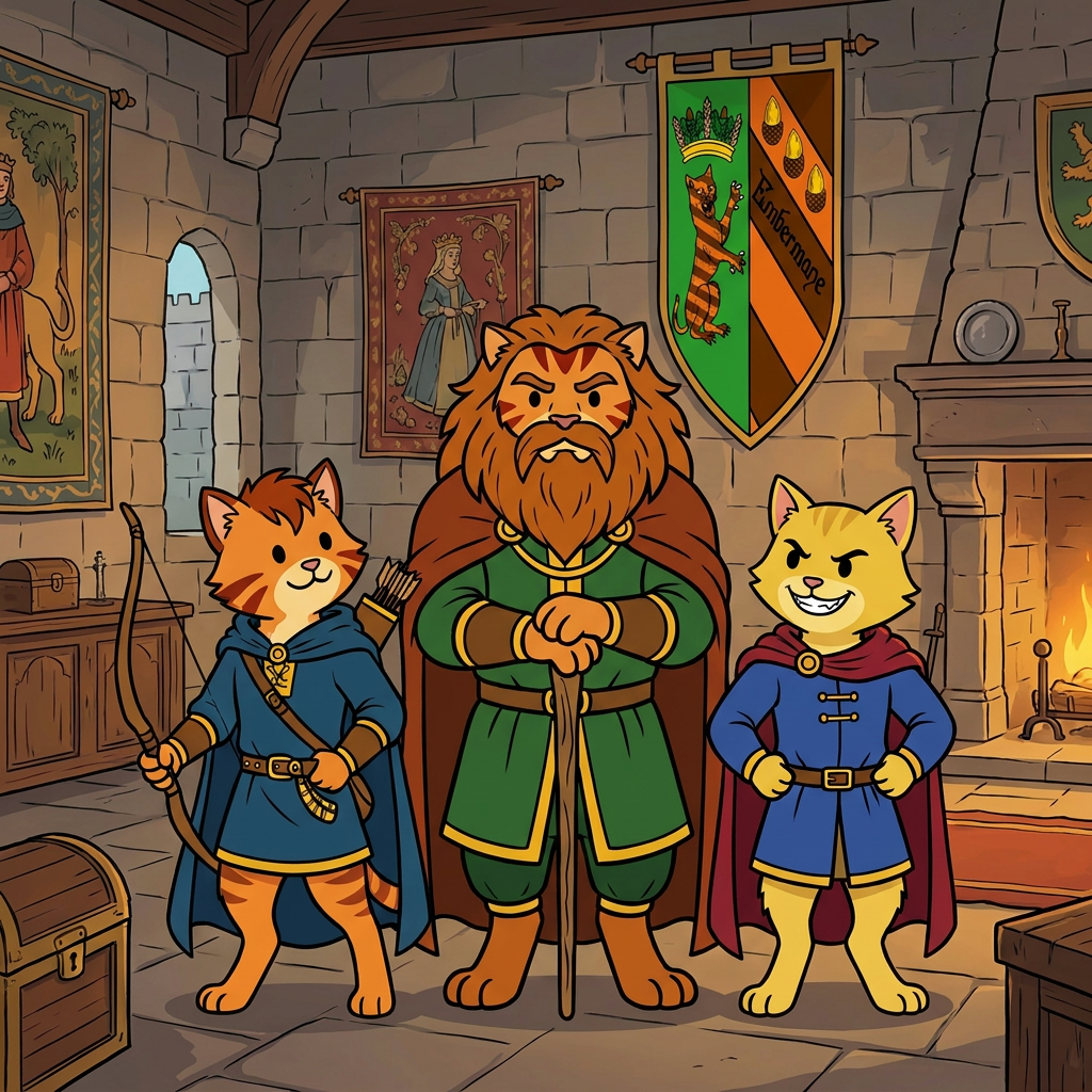 AI Design for the yellow cat does not have a maine and sir embermane the great sould not be in this photo put the charachters in a middle age room with walthazar in the middle and the boys like their sons and yellow cat has dot eyes like everyone else and has an evil grin no text the yellow cat IS NOT A LION and this should be a family photo with them only and this is their coat of arms in background this coat of arms