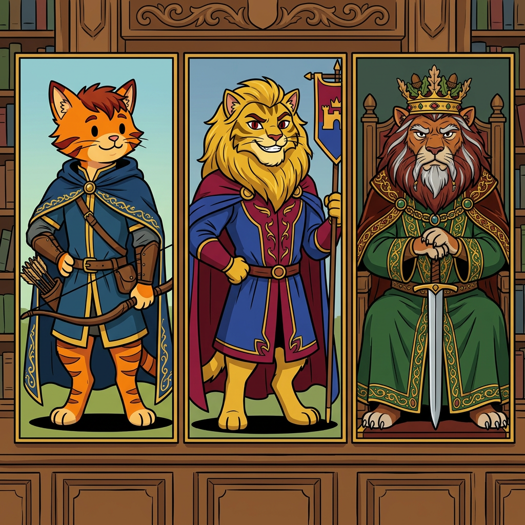 AI Design for in same art syle Perfect. You're starting to build the **portrait gallery** that Jasper would see in the Embermane library.
---
# 🏹 Rowan Embermane
### The Legendary Archer
If Sir Embermane the Great is the founder and Walphazar is the powerful ruler, then **Rowan is the hero children dream about becoming.**
He's the ancestor Jasper becomes obsessed with.
The one whose stories he reads over and over.
---
## Appearance
Like the other Embermanes:
🐱 Orange tabby fur
🔥 Red-brown cheek stripes
🔥 Red-brown ear tips
🔥 Red-brown mane-like hair
The family resemblance should be obvious.
When Jasper looks at the portrait, readers should immediately notice:
> "He looks like Jasper."
---
## Build
Not enormous.
Not a kingly giant.
More athletic.
Lean.
Fast.
Built for traveling and archery.
The sort of cat who spends more time on roads and forest paths than in castles.
---
## Clothing
His iconic colors:
🔵 Deep blue
🟡 Gold
A beautiful archer outfit.
Blue tunic.
Gold trim.
Blue cloak.
Leather archery gear.
Gold embroidery around the edges.
Elegant but practical.
---
## Equipment
🏹 Longbow
His most important item.
The bow should be instantly recognizable.
Not oversized.
Not magical-looking.
Just a beautifully crafted bow used by a legendary archer.
A quiver rests at his side.
---
## Expression
A warm smile.
Confident.
Friendly.
The kind of hero people genuinely liked.
Not intimidating.
Not overly serious.
---
## Pose
One hand resting on his bow.
The other on his belt.
Standing proudly.
Looking slightly toward the horizon.
Almost like he's already thinking about his next adventure.
---
## Reader Impression
When Jasper first sees the portrait:
> "That's him."
Not a king.
Not a ruler.
An adventurer.
A hero.
Exactly the kind of cat Jasper wants to become.
---
# 👑 Corvin Corvinhouse
### Founder of House Corvinhouse
The ancestor from whom the Corvinhouse family takes its name.
The equivalent of Sir Embermane for the Corvinhouses.
---
## Appearance
🐱 Golden-yellow fur
👁️ Dark red eyes
A large golden mane.
Strong jaw.
Confident smile.
---
## Clothing
🔵 Royal blue
🔴 Deep red
These become the traditional Corvinhouse colors.
His clothing should immediately establish the visual identity of the entire family.
Large cape.
Decorative tunic.
Royal appearance.
---
## Build
Tall.
Broad.
Powerful.
Not quite as huge as Sir Embermane the Great.
But still impressive.
---
## Expression
A mischievous grin.
The classic Corvinhouse smile.
Almost like:
> "I know something you don't."
A trait that later appears in Tristan.
---
## Pose
One hand on his hip.
The other holding a royal banner.
Relaxed confidence.
Unlike the stoic Embermanes.
---
# 👑 Old Walphazar Embermane
### The Veteran King
This portrait would be from later in his life.
Not young Walphazar.
The older version.
The king near the end of his reign.
---
## Appearance
Still massive.
Still intimidating.
But older.
His mane has become:
🔥 Dark red-brown
⚪ Streaks of silver
His beard is longer now.
Showing age and wisdom.
---
## Clothing
🟢 Deep green royal robes
🔴 Red-brown cape
🟡 Heavy gold details
The richest Embermane clothing seen so far.
---
## Crown
Larger than the one he wore when younger.
Still elegant.
Still Embermane.
But clearly the crown of a ruler who has worn it for decades.
---
## Expression
This is the important part.
Not anger.
Not arrogance.
Experience.
The expression of someone who has:
* Won victories
* Made mistakes
* Lost friends
* Ruled a kingdom
A ruler carrying the weight of history.
---
## Pose
Seated upon a throne.
Both paws resting on the pommel of a sword.
The sword standing upright before him.
Very similar to Sir Embermane the Great.
Showing that even after all those years, Walphazar still wanted to live up to the founder's legacy.
---
Together, these three portraits would look fantastic in the Embermane library:
🏹 **Rowan Embermane** — the hero.
👑 **Corvin Corvinhouse** — the founder of a rival dynasty.
🔥 **Old Walphazar Embermane** — the king who shaped an era.
Each immediately recognizable from their silhouette, colors, and pose. 📖🏹👑🔥🐱 THEY ARE ALL CATS NOT LIONSSSSSSSSSSSSSSSSSSSSSSS