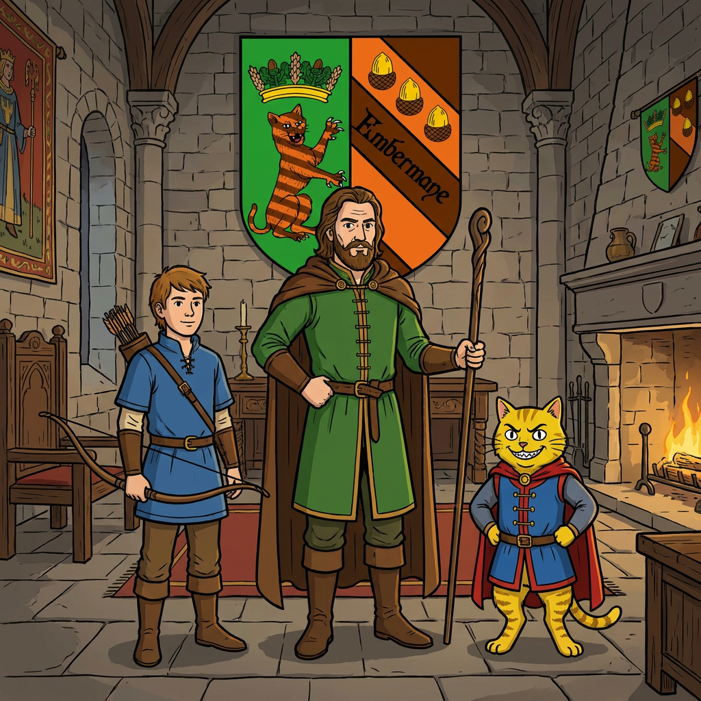 AI Design for the yellow cat does not have a maine and sir embermane the great sould not be in this photo put the charachters in a middle age room with walthazar in the middle and the boys like their sons and yellow cat has dot eyes like everyone else and has an evil grin no text the yellow cat IS NOT A LION and this should be a family photo with them only and this is their coat of arms in background