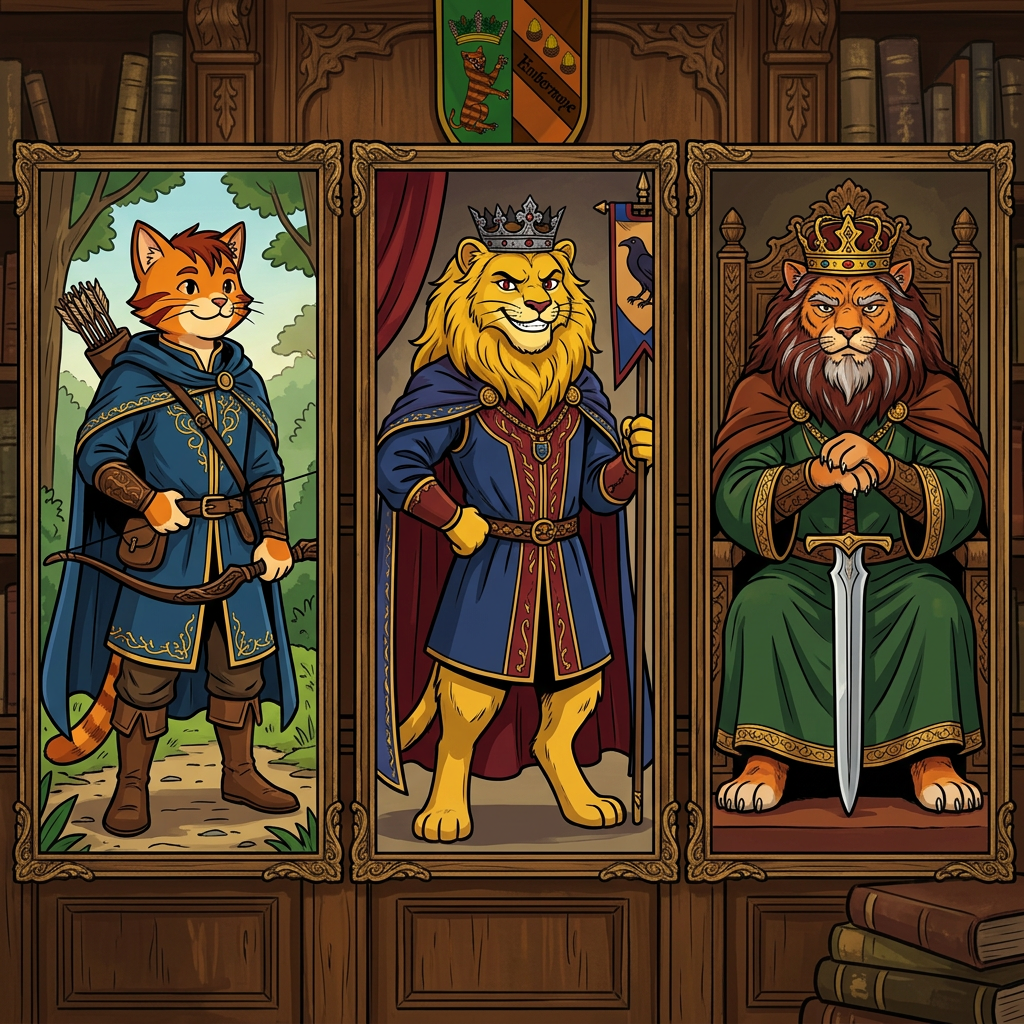 AI Design for in same art syle Perfect. You're starting to build the *** that Jasper would see in the Embermane library.
---
# 🏹 Rowan Embermane
### The Legendary Archer
If Sir Embermane the Great is the founder and Walphazar is the powerful ruler, then **Rowan is the hero children dream about becoming.**
He's the ancestor Jasper becomes obsessed with.
The one whose stories he reads over and over.
---
## Appearance
Like the other Embermanes:
🐱 Orange tabby fur
🔥 Red-brown cheek stripes
🔥 Red-brown ear tips
🔥 Red-brown mane-like hair
The family resemblance should be obvious.
When Jasper looks at the portrait, readers should immediately notice:
> "He looks like Jasper."
---
## Build
Not enormous.
Not a kingly giant.
More athletic.
Lean.
Fast.
Built for traveling and archery.
The sort of cat who spends more time on roads and forest paths than in castles.
---
## Clothing
His iconic colors:
🔵 Deep blue
🟡 Gold
A beautiful archer outfit.
Blue tunic.
Gold trim.
Blue cloak.
Leather archery gear.
Gold embroidery around the edges.
Elegant but practical.
---
## Equipment
🏹 Longbow
His most important item.
The bow should be instantly recognizable.
Not oversized.
Not magical-looking.
Just a beautifully crafted bow used by a legendary archer.
A quiver rests at his side.
---
## Expression
A warm smile.
Confident.
Friendly.
The kind of hero people genuinely liked.
Not intimidating.
Not overly serious.
---
## Pose
One hand resting on his bow.
The other on his belt.
Standing proudly.
Looking slightly toward the horizon.
Almost like he's already thinking about his next adventure.
---
## Reader Impression
When Jasper first sees the portrait:
> "That's him."
Not a king.
Not a ruler.
An adventurer.
A hero.
Exactly the kind of cat Jasper wants to become.
---
# 👑 Corvin Corvinhouse
### Founder of House Corvinhouse
The ancestor from whom the Corvinhouse family takes its name.
The equivalent of Sir Embermane for the Corvinhouses.
---
## Appearance
🐱 Golden-yellow fur
👁️ Dark red eyes
A large golden mane.
Strong jaw.
Confident smile.
---
## Clothing
🔵 Royal blue
🔴 Deep red
These become the traditional Corvinhouse colors.
His clothing should immediately establish the visual identity of the entire family.
Large cape.
Decorative tunic.
Royal appearance.
---
## Build
Tall.
Broad.
Powerful.
Not quite as huge as Sir Embermane the Great.
But still impressive.
---
## Expression
A mischievous grin.
The classic Corvinhouse smile.
Almost like:
> "I know something you don't."
A trait that later appears in Tristan.
---
## Pose
One hand on his hip.
The other holding a royal banner.
Relaxed confidence.
Unlike the stoic Embermanes.
---
# 👑 Old Walphazar Embermane
### The Veteran King
This portrait would be from later in his life.
Not young Walphazar.
The older version.
The king near the end of his reign.
---
## Appearance
Still massive.
Still intimidating.
But older.
His mane has become:
🔥 Dark red-brown
⚪ Streaks of silver
His beard is longer now.
Showing age and wisdom.
---
## Clothing
🟢 Deep green royal robes
🔴 Red-brown cape
🟡 Heavy gold details
The richest Embermane clothing seen so far.
---
## Crown
Larger than the one he wore when younger.
Still elegant.
Still Embermane.
But clearly the crown of a ruler who has worn it for decades.
---
## Expression
This is the important part.
Not anger.
Not arrogance.
Experience.
The expression of someone who has:
* Won victories
* Made mistakes
* Lost friends
* Ruled a kingdom
A ruler carrying the weight of history.
---
## Pose
Seated upon a throne.
Both paws resting on the pommel of a sword.
The sword standing upright before him.
Very similar to Sir Embermane the Great.
Showing that even after all those years, Walphazar still wanted to live up to the founder's legacy.
---
Together, these three portraits would look fantastic in the Embermane library:
🏹 **Rowan Embermane** — the hero.
👑 **Corvin Corvinhouse** — the founder of a rival dynasty.
🔥 **Old Walphazar Embermane** — the king who shaped an era.
Each immediately recognizable from their silhouette, colors, and pose. 📖🏹👑🔥🐱 THEY ARE ALL CATS NOT LIONSSSSSSSSSSSSSSSSSSSSSSS