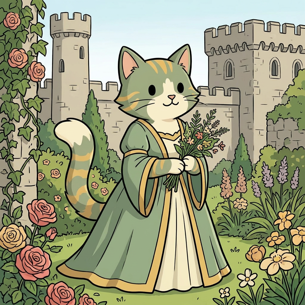 AI Design for cat in the promptbar is not a lion nor tiger just an inpiration for cats colours the cat description is the promptbar cats distant predcessors so use him as inspo .
same art syle speceies different height pose gender 🌿 Hazel Embermane
Colors:
Sage green
Cream
Soft gold
Reason:
Gentle and wise. in castle garden dot eyes minimal shading simple colours