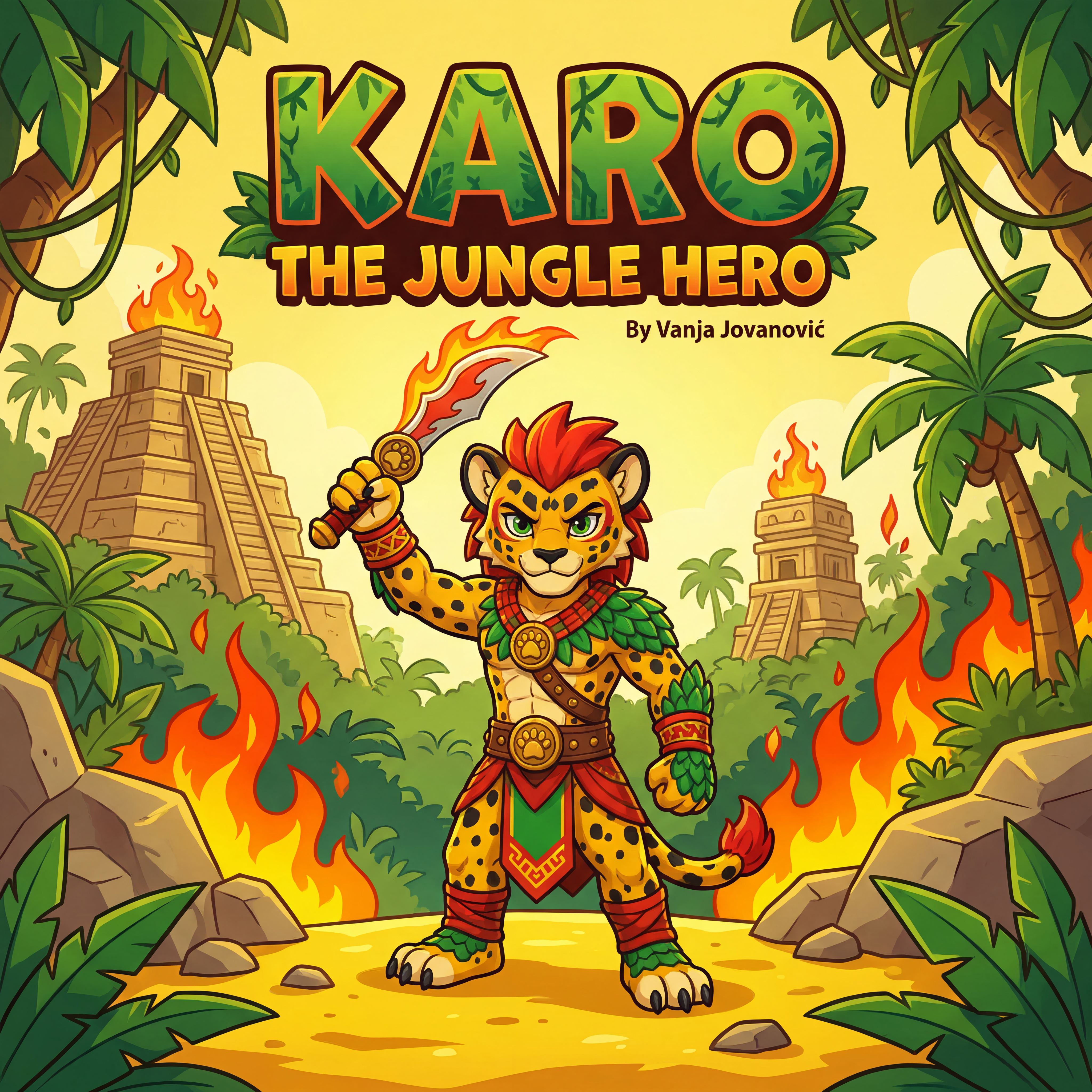AI Design for book cover not to realisitc named karo the jungle hero name of author Vanja Jovanović and in the same cartoony art stzle like a dogman book or mario promo art art style with a jungle backdrop temples palm trees fire and karo is holding the fire sabre on the image also yellow bits like sand cool
