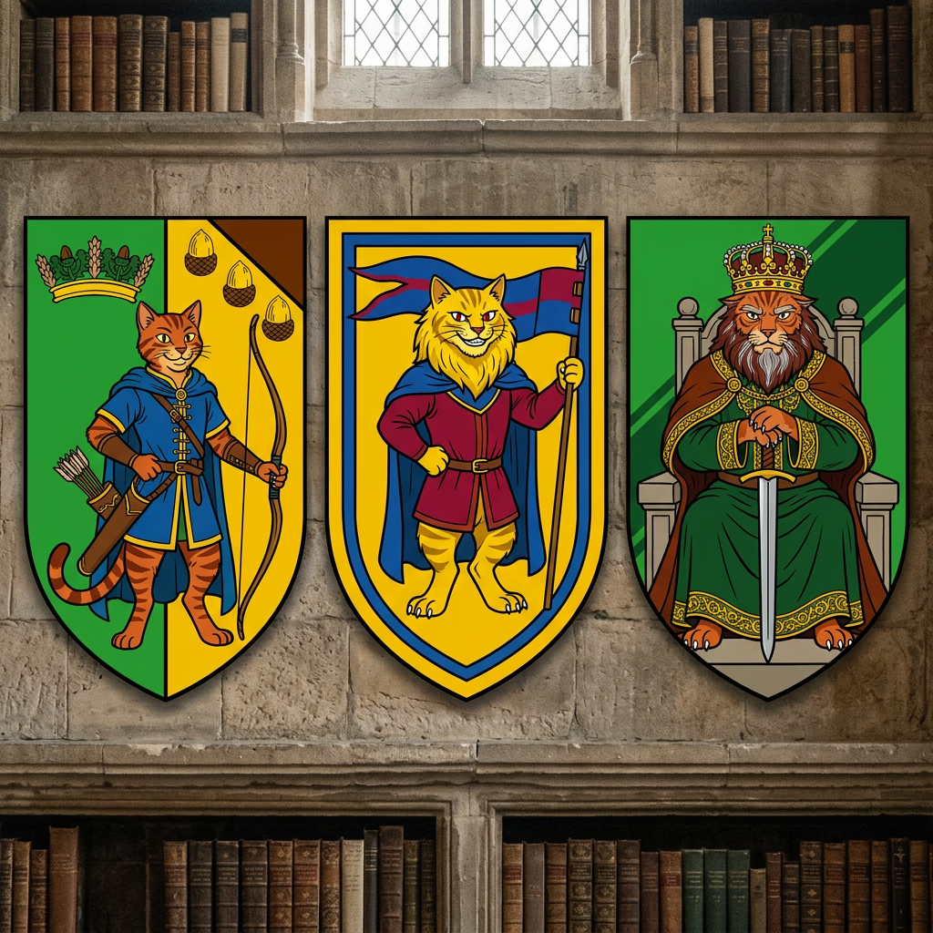 AI Design for in same art syle Perfect. You're starting to build the **portrait gallery** that Jasper would see in the Embermane library.
---
# 🏹 Rowan Embermane
### The Legendary Archer
If Sir Embermane the Great is the founder and Walphazar is the powerful ruler, then **Rowan is the hero children dream about becoming.**
He's the ancestor Jasper becomes obsessed with.
The one whose stories he reads over and over.
---
## Appearance
Like the other Embermanes:
🐱 Orange tabby fur
🔥 Red-brown cheek stripes
🔥 Red-brown ear tips
🔥 Red-brown mane-like hair
The family resemblance should be obvious.
When Jasper looks at the portrait, readers should immediately notice:
> "He looks like Jasper."
---
## Build
Not enormous.
Not a kingly giant.
More athletic.
Lean.
Fast.
Built for traveling and archery.
The sort of cat who spends more time on roads and forest paths than in castles.
---
## Clothing
His iconic colors:
🔵 Deep blue
🟡 Gold
A beautiful archer outfit.
Blue tunic.
Gold trim.
Blue cloak.
Leather archery gear.
Gold embroidery around the edges.
Elegant but practical.
---
## Equipment
🏹 Longbow
His most important item.
The bow should be instantly recognizable.
Not oversized.
Not magical-looking.
Just a beautifully crafted bow used by a legendary archer.
A quiver rests at his side.
---
## Expression
A warm smile.
Confident.
Friendly.
The kind of hero people genuinely liked.
Not intimidating.
Not overly serious.
---
## Pose
One hand resting on his bow.
The other on his belt.
Standing proudly.
Looking slightly toward the horizon.
Almost like he's already thinking about his next adventure.
---
## Reader Impression
When Jasper first sees the portrait:
> "That's him."
Not a king.
Not a ruler.
An adventurer.
A hero.
Exactly the kind of cat Jasper wants to become.
---
# 👑 Corvin Corvinhouse
### Founder of House Corvinhouse
The ancestor from whom the Corvinhouse family takes its name.
The equivalent of Sir Embermane for the Corvinhouses.
---
## Appearance
🐱 Golden-yellow fur
👁️ Dark red eyes
A large golden mane.
Strong jaw.
Confident smile.
---
## Clothing
🔵 Royal blue
🔴 Deep red
These become the traditional Corvinhouse colors.
His clothing should immediately establish the visual identity of the entire family.
Large cape.
Decorative tunic.
Royal appearance.
---
## Build
Tall.
Broad.
Powerful.
Not quite as huge as Sir Embermane the Great.
But still impressive.
---
## Expression
A mischievous grin.
The classic Corvinhouse smile.
Almost like:
> "I know something you don't."
A trait that later appears in Tristan.
---
## Pose
One hand on his hip.
The other holding a royal banner.
Relaxed confidence.
Unlike the stoic Embermanes.
---
# 👑 Old Walphazar Embermane
### The Veteran King
This portrait would be from later in his life.
Not young Walphazar.
The older version.
The king near the end of his reign.
---
## Appearance
Still massive.
Still intimidating.
But older.
His mane has become:
🔥 Dark red-brown
⚪ Streaks of silver
His beard is longer now.
Showing age and wisdom.
---
## Clothing
🟢 Deep green royal robes
🔴 Red-brown cape
🟡 Heavy gold details
The richest Embermane clothing seen so far.
---
## Crown
Larger than the one he wore when younger.
Still elegant.
Still Embermane.
But clearly the crown of a ruler who has worn it for decades.
---
## Expression
This is the important part.
Not anger.
Not arrogance.
Experience.
The expression of someone who has:
* Won victories
* Made mistakes
* Lost friends
* Ruled a kingdom
A ruler carrying the weight of history.
---
## Pose
Seated upon a throne.
Both paws resting on the pommel of a sword.
The sword standing upright before him.
Very similar to Sir Embermane the Great.
Showing that even after all those years, Walphazar still wanted to live up to the founder's legacy.
---
Together, these three portraits would look fantastic in the Embermane library:
🏹 **Rowan Embermane** — the hero.
👑 **Corvin Corvinhouse** — the founder of a rival dynasty.
🔥 **Old Walphazar Embermane** — the king who shaped an era.
Each immediately recognizable from their silhouette, colors, and pose. 📖🏹👑🔥🐱 THEY ARE ALL CATS NOT LIONSSSSSSSSSSSSSSSSSSSSSSS