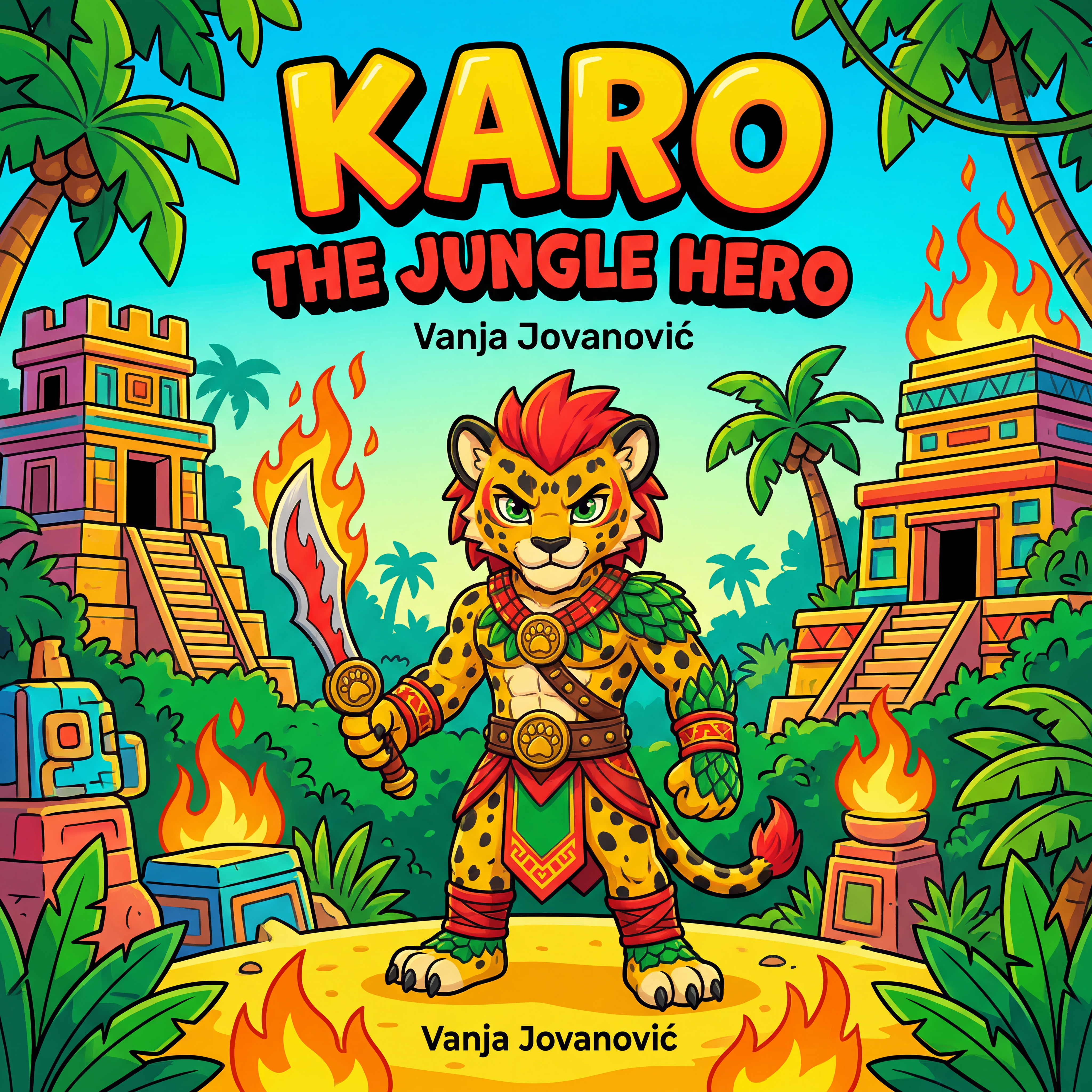 AI Design for book cover not to realisitc named karo the jungle hero name of author Vanja Jovanović and in the same cartoony art stzle like a dogman book or mario promo art art style with a jungle backdrop temples palm trees fire and karo is holding the fire sabre on the image also yellow bits like sand cool