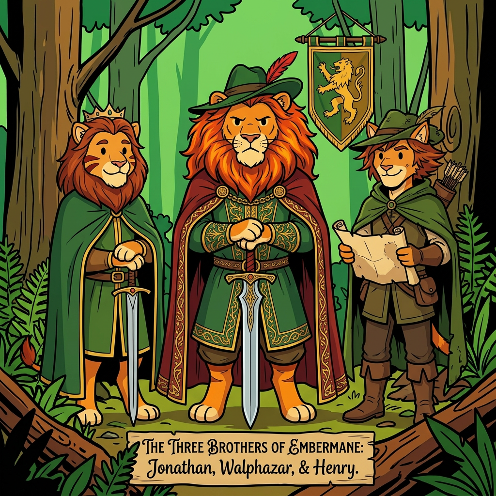 AI Design for Assuming we're talking about the **Three Brothers** who shaped the future of House Embermane—**Jonathan, Henry, and Walphazar Embermane**—I'd make them look like they clearly belong to the same family as Sir Embermane the Great, but each represents a different path.
All in the same style:
* Bold line art
* Dot eyes
* Minimal shading
* Simple coloring
* Storybook proportions
* Family resemblance visible immediately
---
# 👑 Jonathan Embermane
### The Noble Brother
Jonathan is the eldest.
When people see him, they immediately think:
> "That looks like a king."
### Appearance
* Orange tabby fur
* Red-brown cheek stripes
* Broad shoulders
* Tall but not as massive as Sir Embermane
### Hair
* Neatly groomed red-brown mane
* Shoulder length
* Well-maintained
### Clothing
🟢 Deep green royal cloak
🟡 Gold trim
👑 Simple crown
His clothes are elegant without being flashy.
### Expression
Calm.
Responsible.
The type of cat who thinks before speaking.
### Pose
Standing upright.
One paw resting on the hilt of a ceremonial sword.
The other behind his back.
Very formal.
Very regal.
---
# 🦅 Henry Embermane
### The Adventurer
Henry is the explorer.
The wanderer.
The brother who was always looking beyond the horizon.
### Appearance
* Slightly leaner build
* Athletic
* Tall
### Hair
* Messier mane
* Wind-swept look
* Slightly shorter than Jonathan's
### Clothing
🌲 Green travel cloak
🟤 Brown boots
🏹 Archer gear
🗺 Travel satchel
He looks ready to leave for an adventure at any moment.
### Expression
Friendly smile.
Curious eyes.
Always looks like he's thinking:
> "I wonder what's over that hill."
### Pose
Holding a rolled map.
One foot slightly forward.
As if he might start walking at any moment.
---
# 🔥 Walphazar Embermane
### The Ambitious Brother
Walphazar is the most intimidating.
Not evil.
But intense.
The brother who wanted more.
### Appearance
* Largest of the three brothers
* Broad chest
* Strong jaw
Almost approaching Sir Embermane's size.
### Hair
Huge ember-colored mane.
Much larger than his brothers'.
A symbol of pride and power.
### Clothing
🔴 Dark red royal cape
🟢 Green royal tunic
🟡 Heavy gold decorations
His clothing is more elaborate than Jonathan's.
He wants people to notice him.
### Expression
Serious.
Determined.
Confident.
The type of cat who enters a room and immediately takes control.
### Pose
Standing with both hands resting on a large sword.
Similar to Sir Embermane.
Showing that he admired the founder greatly.
### Impression
Readers should immediately think:
> "This is the brother who changed everything."
---
# 🖼️ The Three Brothers Portrait
The coolest image might actually be all three together.
Jonathan on the left.
Henry on the right.
Walphazar in the center.
All wearing different variations of Embermane colors:
🟢 Green
🔴 Red-brown
🟡 Gold
Behind them hangs the Embermane banner.
Beneath them:
**The Three Brothers of Embermane**
The image should feel important because these three are the reason the family history became so complicated in the first place. Their choices shaped everything that happens generations later—including Jasper's story. 📖👑🔥🏹🐱 jasper is the cat in the prompt bar