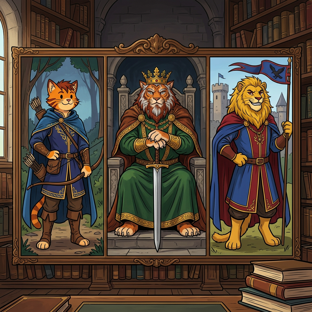 AI Design for in same art syle Perfect. You're starting to build the **portrait gallery** that Jasper would see in the Embermane library.
---
# 🏹 Rowan Embermane
### The Legendary Archer
If Sir Embermane the Great is the founder and Walphazar is the powerful ruler, then **Rowan is the hero children dream about becoming.**
He's the ancestor Jasper becomes obsessed with.
The one whose stories he reads over and over.
---
## Appearance
Like the other Embermanes:
🐱 Orange tabby fur
🔥 Red-brown cheek stripes
🔥 Red-brown ear tips
🔥 Red-brown mane-like hair
The family resemblance should be obvious.
When Jasper looks at the portrait, readers should immediately notice:
> "He looks like Jasper."
---
## Build
Not enormous.
Not a kingly giant.
More athletic.
Lean.
Fast.
Built for traveling and archery.
The sort of cat who spends more time on roads and forest paths than in castles.
---
## Clothing
His iconic colors:
🔵 Deep blue
🟡 Gold
A beautiful archer outfit.
Blue tunic.
Gold trim.
Blue cloak.
Leather archery gear.
Gold embroidery around the edges.
Elegant but practical.
---
## Equipment
🏹 Longbow
His most important item.
The bow should be instantly recognizable.
Not oversized.
Not magical-looking.
Just a beautifully crafted bow used by a legendary archer.
A quiver rests at his side.
---
## Expression
A warm smile.
Confident.
Friendly.
The kind of hero people genuinely liked.
Not intimidating.
Not overly serious.
---
## Pose
One hand resting on his bow.
The other on his belt.
Standing proudly.
Looking slightly toward the horizon.
Almost like he's already thinking about his next adventure.
---
## Reader Impression
When Jasper first sees the portrait:
> "That's him."
Not a king.
Not a ruler.
An adventurer.
A hero.
Exactly the kind of cat Jasper wants to become.
---
# 👑 Corvin Corvinhouse
### Founder of House Corvinhouse
The ancestor from whom the Corvinhouse family takes its name.
The equivalent of Sir Embermane for the Corvinhouses.
---
## Appearance
🐱 Golden-yellow fur
👁️ Dark red eyes
A large golden mane.
Strong jaw.
Confident smile.
---
## Clothing
🔵 Royal blue
🔴 Deep red
These become the traditional Corvinhouse colors.
His clothing should immediately establish the visual identity of the entire family.
Large cape.
Decorative tunic.
Royal appearance.
---
## Build
Tall.
Broad.
Powerful.
Not quite as huge as Sir Embermane the Great.
But still impressive.
---
## Expression
A mischievous grin.
The classic Corvinhouse smile.
Almost like:
> "I know something you don't."
A trait that later appears in Tristan.
---
## Pose
One hand on his hip.
The other holding a royal banner.
Relaxed confidence.
Unlike the stoic Embermanes.
---
# 👑 Old Walphazar Embermane
### The Veteran King
This portrait would be from later in his life.
Not young Walphazar.
The older version.
The king near the end of his reign.
---
## Appearance
Still massive.
Still intimidating.
But older.
His mane has become:
🔥 Dark red-brown
⚪ Streaks of silver
His beard is longer now.
Showing age and wisdom.
---
## Clothing
🟢 Deep green royal robes
🔴 Red-brown cape
🟡 Heavy gold details
The richest Embermane clothing seen so far.
---
## Crown
Larger than the one he wore when younger.
Still elegant.
Still Embermane.
But clearly the crown of a ruler who has worn it for decades.
---
## Expression
This is the important part.
Not anger.
Not arrogance.
Experience.
The expression of someone who has:
* Won victories
* Made mistakes
* Lost friends
* Ruled a kingdom
A ruler carrying the weight of history.
---
## Pose
Seated upon a throne.
Both paws resting on the pommel of a sword.
The sword standing upright before him.
Very similar to Sir Embermane the Great.
Showing that even after all those years, Walphazar still wanted to live up to the founder's legacy.
---
Together, these three portraits would look fantastic in the Embermane library:
🏹 **Rowan Embermane** — the hero.
👑 **Corvin Corvinhouse** — the founder of a rival dynasty.
🔥 **Old Walphazar Embermane** — the king who shaped an era.
Each immediately recognizable from their silhouette, colors, and pose. 📖🏹👑🔥🐱