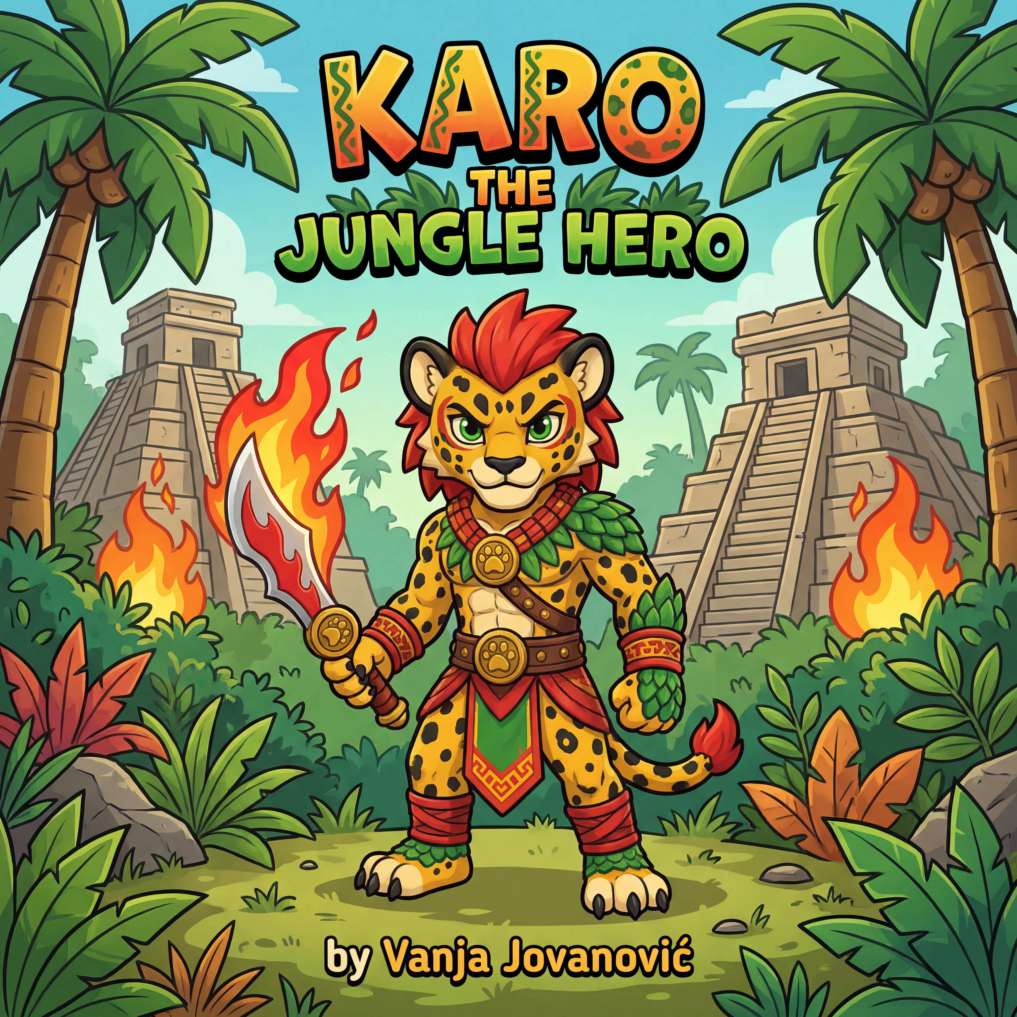 AI Design for book cover not to realisitc named karo the jungle hero name of author Vanja Jovanović and in the same cartoony art stzle like a dogman book or mario promo art art style with a jungle backdrop temples palm trees fire and karo is holding the fire sabre on the image