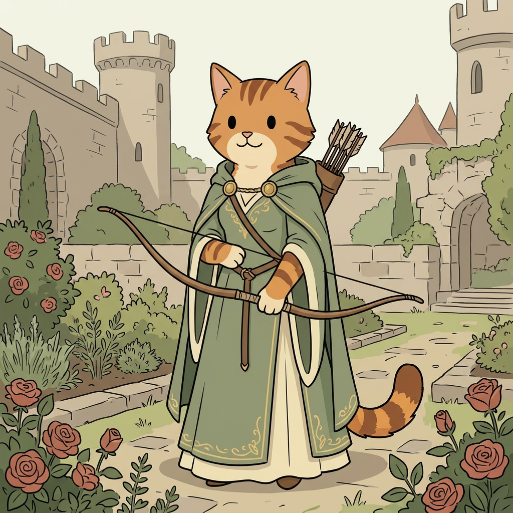AI Design for cat in the promptbar is not a lion nor tiger just an inpiration for cats colours the cat description is the promptbar cats distant predcessors so use him as inspo .
same art syle speceies different height pose gender 🌿 Hazel Embermane
Colors:
of clothes
Sage green
Cream
Soft gold
Reason:
Gentle and wise. in castle garden dot eyes minimal shading simple colours middle ages and dot eyes.