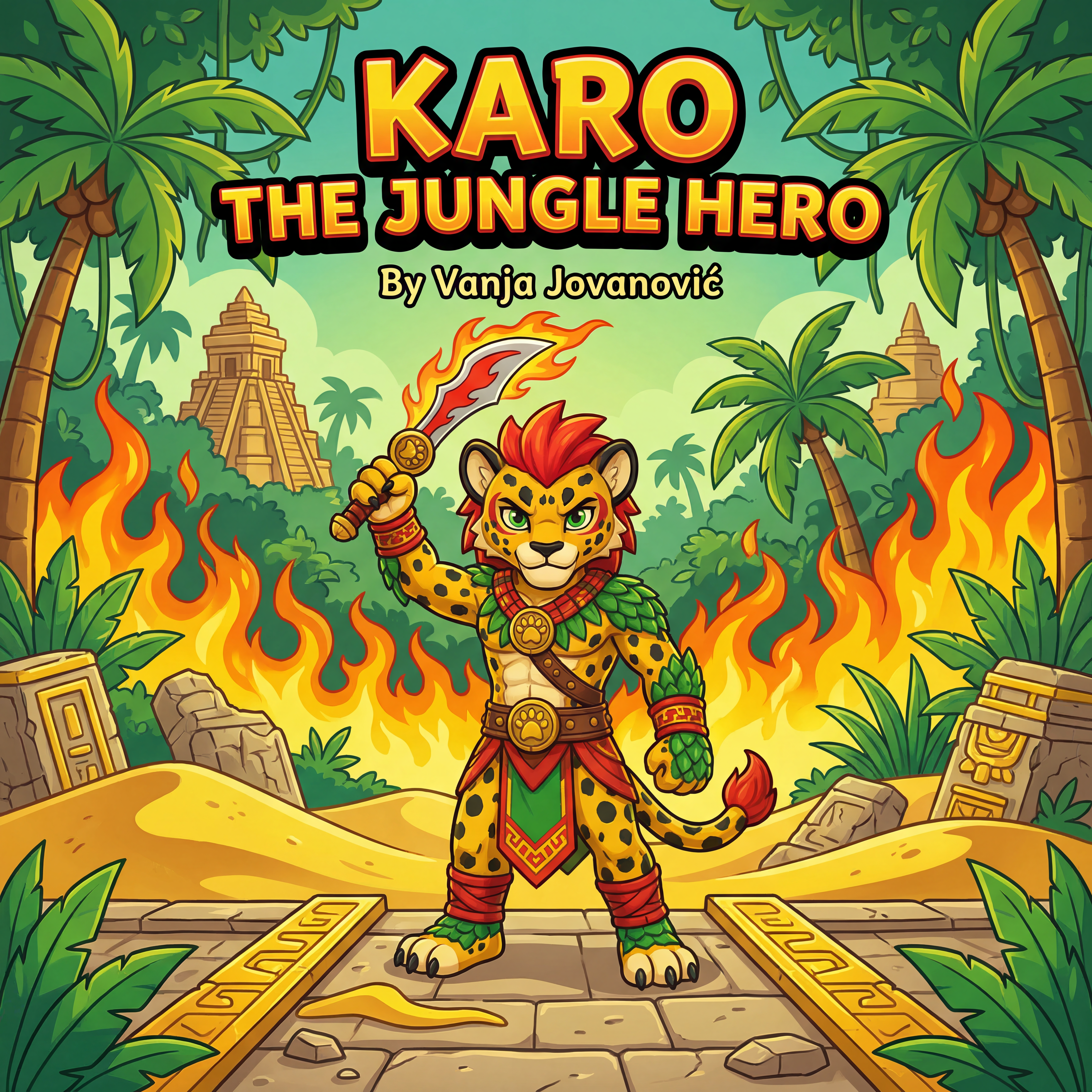 AI Design for book cover not to realisitc named karo the jungle hero name of author Vanja Jovanović and in the same cartoony art stzle like a dogman book or mario promo art art style with a jungle backdrop temples palm trees fire and karo is holding the fire sabre on the image also yellow bits like sand cool