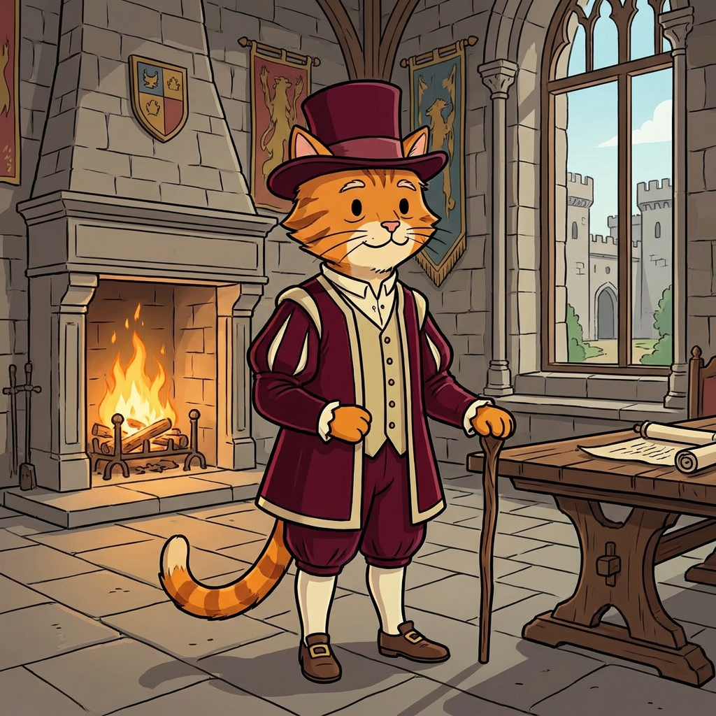 AI Design for cat in the promptbar is not a lion nor tiger just an inpiration for cats colours the cat description is the promptbar cats distant predcessors so use him as inspo .
🐱 Cedric Embermane
Colors:
clothes middle ages
Burgundy
Cream
Reason:
Warm, dependable, family-oriented. old wears a top hat dot eyes same style different clothes and is in a castle room TALL DUDE
