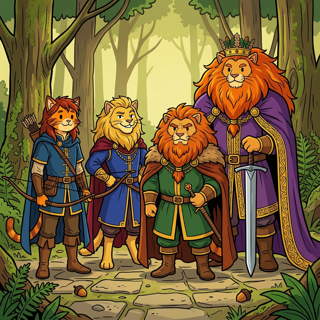 AI Design for Each immediately recognizable from their silhouette, colors, and pose. 📖🏹👑🔥🐱 THEY ARE ALL CATS NOT LIONSSSSSSSSSSSSSSSSSSSSSSS
Got it—**Walthazar**, not Walphazar. And you don't want portrait descriptions right now, you want the **character designs themselves** as they would appear in the storybook art style.
## 🏹 Rowan Embermane
Rowan is the Embermane that Jasper idolizes.
He's not dressed like a king.
He's dressed like a hero.
### Appearance
* Orange tabby fur.
* Red-brown cheek stripes.
* Red-brown ear tips.
* Red-brown mane-like hair, longer than Jasper's.
* Athletic build.
### Clothing
🔵 Deep blue archer's tunic.
🟡 Gold trim around the sleeves and collar.
🔵 Blue cloak.
🟡 Gold accents on his belt and quiver.
Leather boots and bracers.
### Personality in Design
Everything about him should say:
> "Explorer."
Not ruler.
Not noble.
Not warrior.
Explorer.
The kind of cat who has seen half the world and wants to see the other half.
---
## 👑 Corvin Corvinhouse
The founder of House Corvinhouse.
### Appearance
* Light golden-yellow fur.
* Large golden mane.
* Dark red eyes.
* Confident grin.
Unlike the Embermanes, whose designs feel warm and heroic, Corvin should feel charismatic.
### Clothing
🔵 Royal blue tunic.
🔴 Deep red cloak.
🟡 Gold details.
His clothing establishes the Corvinhouse color scheme used later by Tristan and the rest of the family.
### Personality in Design
When somebody sees him, they should think:
> "That guy definitely enjoys being important."
He's charming.
Confident.
A little smug.
And he knows it.
---
## 👑 Walthazar Embermane
One of the most important Embermanes in history.
### Appearance
* Orange tabby fur.
* Red-brown markings.
* Massive mane.
* Thick beard.
* Broad shoulders.
More physically imposing than Rowan.
Less imposing than Sir Embermane the Great.
### Clothing
🟢 Deep green royal garments.
🔴 Red-brown cape.
🟡 Gold trim.
A perfect blend of royal and Embermane colors.
### Personality in Design
Walthazar should look like somebody who carries responsibility.
Not the adventurous optimism of Rowan.
Not the overwhelming legendary presence of Sir Embermane.
Instead:
> A ruler.
A cat who spends his days making decisions that affect thousands of people.
Strong.
Wise.
A little stern.
But not cruel.
---
One thing I really like is that each major ancestor has a completely different silhouette:
🏹 **Rowan** = cloak, bow, traveler.
👑 **Corvin** = royal cape, grin, nobleman.
🔥 **Walthazar** = mane, beard, ruler.
👑 **Sir Embermane the Great** = giant king with sword.
That way, even in your simple bold-line storybook style with dot eyes, readers can instantly tell who's who. 📖🐱🏹👑🔥
