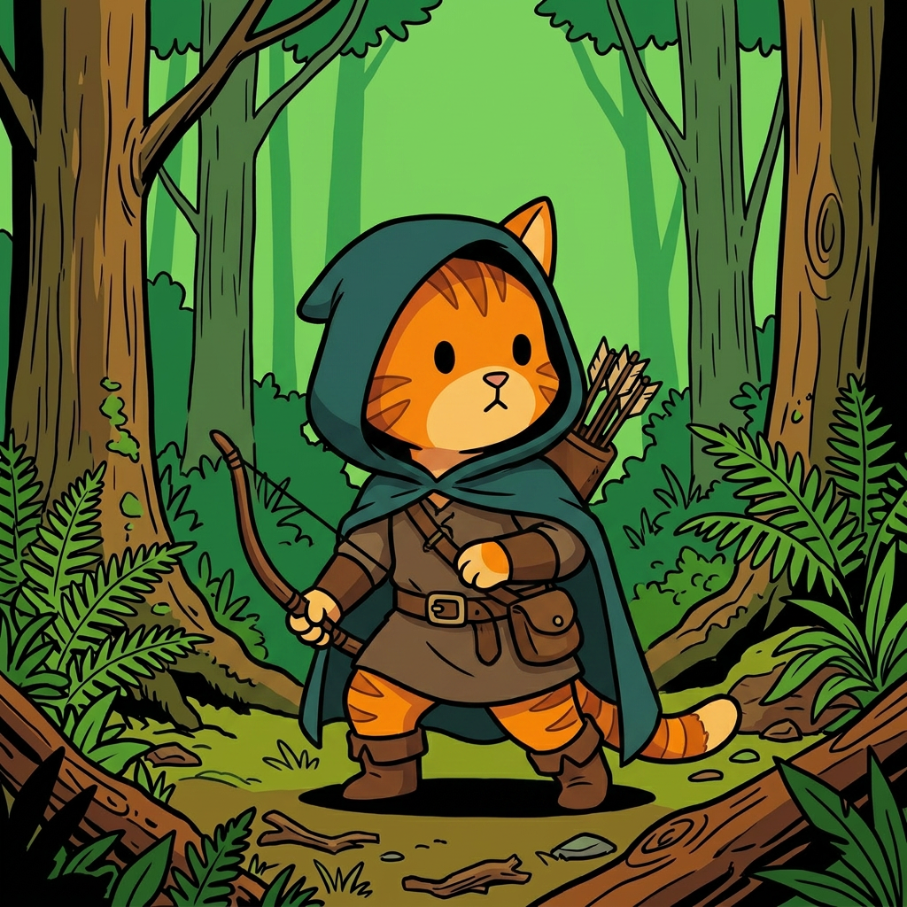 AI Design for cat in the promptbar is not a lion nor tiger just an inpiration for cats colours the cat description is the promptbar cats distant predcessors so use him as inspo .
same art syle speceies different height pose gender 🌲 Bramble Embermane
Colors:
of clothes
Dark teal
Brown
Reason:
Outdoorsy and adventurous.
dot eyes minimal shading simple colours middle ages and dot eyes.