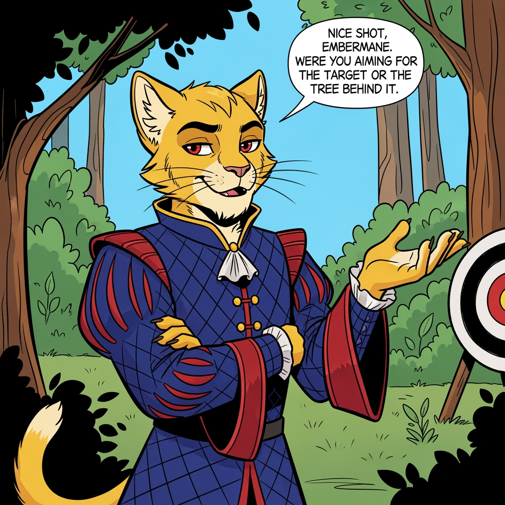 AI Design for # 🐱 Tristan Corvinhouse
If Jasper is the hero readers immediately want to root for...
**Tristan is the character they immediately want to roll their eyes at.**
Not because he's evil.
Not because he's a villain.
Because he's *annoying*.
And he knows it.
---
## First Impression
The first thing people notice about Tristan is that he's surprisingly small.
Not tiny.
Just slightly shorter than Jasper.
Which annoys him tremendously.
He wants to look grand.
Powerful.
Royal.
Important.
Instead, he's constantly trying to compensate.
---
## Fur
Like many members of House Corvinhouse, Tristan has:
🟡 Light golden-yellow fur
Almost like sunlight.
His fur is always well-groomed.
Always spotless.
Always perfect.
---
## Face
His most recognizable feature is his smile.
Not a warm smile.
Not a friendly smile.
A smug smile.
The kind that says:
> "I know something you don't."
Even when he absolutely doesn't.
---
## Eyes
🔴 Dark red eyes.
Sharp.
Expressive.
When he's teasing Jasper, they're full of mischief.
When he's embarrassed, they get wide.
When he's caught doing something stupid, he tries very hard to pretend he isn't embarrassed.
---
## Clothing
Tristan dresses like somebody who desperately wants everyone to remember he's royalty.
His outfit is:
🔵 Deep blue
🔴 Deep red
In a checkered pattern.
Rich fabrics.
Long sleeves.
Decorative buttons.
Fancy collars.
Everything is slightly more elaborate than necessary.
---
## Personality
Tristan loves attention.
Absolutely loves it.
If a room contains ten people, Tristan wants all ten people looking at him.
---
He constantly teases Jasper.
Not because he hates him.
Because Jasper is easy to tease.
And because Tristan secretly finds him interesting.
---
### Examples
Tristan:
> "Nice shot, Embermane. Were you aiming for the target or the tree behind it?"
Jasper:
> "I hit the target."
Tristan:
> "After three attempts."
---
He's that kind of character.
---
## His Biggest Flaw
He's insecure.
Deep down, Tristan feels like he has something to prove.
He's a prince.
He's expected to be impressive.
Expected to be confident.
Expected to be important.
Sometimes he's afraid he isn't.
So he hides that behind arrogance.
---
## His Biggest Strength
When things become serious...
Tristan shows up.
He complains.
He grumbles.
He acts like helping is beneath him.
Then he helps anyway.
---
## Pose
In illustrations:
👑 Standing dramatically
😏 Smirking
🫴 Gesturing while talking
🎭 Trying to look impressive
---
But occasionally:
😳 Looking embarrassed
😂 Laughing genuinely
😅 Being caught off guard
Those moments make readers like him.
---
## Silhouette
You'd recognize him instantly:
🐱 Smaller frame
👑 Royal clothing
🧥 Large sleeves
🎭 Confident pose
---
## Storybook Illustration Example
Imagine a chapter illustration.
Jasper has just won an archery competition.
The crowd is cheering.
Rufus is celebrating.
Ashen is playing music.
Pippa is clapping.
Milo is taking notes.
Shadow is drawing the event.
And standing nearby is Tristan.
Arms crossed.
Trying very hard not to look impressed.
Trying very hard not to smile.
Trying very hard not to admit that Jasper actually did a good job.
The illustration caption might as well read:
> "Tristan hated admitting when Jasper was right."
---
## The Feeling He Gives
Tristan isn't the villain.
He isn't the bully.
He isn't even really a rival in the traditional sense.
He's the prince who keeps trying to one-up Jasper, keeps getting dragged into adventures, and keeps accidentally becoming a better person along the way.
The kind of character who starts as:
> "Ugh, this guy."
And ends as:
> "Okay... maybe I like this guy."
😏👑🐱✨
more bolder comic book art szle lines in forest minimal shading vibrant colours onlz one version on the image bold black lines less detail like wrinklz lines more curvz and bolder thick lines