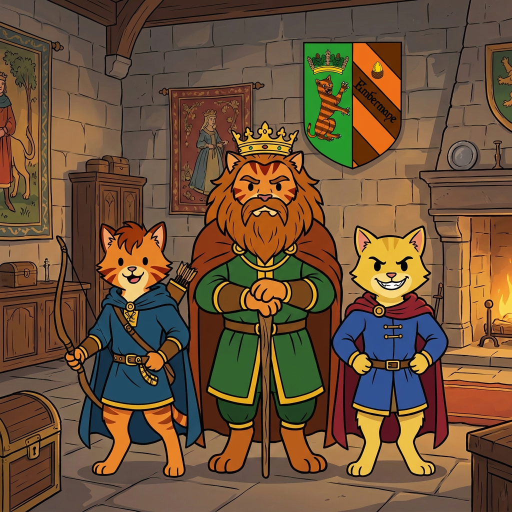 AI Design for the yellow cat does not have a maine and sir embermane the great sould not be in this photo put the charachters in a middle age room with walthazar in the middle and the boys like their sons and yellow cat has dot eyes like everyone else and has an evil grin no text the yellow cat IS NOT A LION and this should be a family photo with them only and this is their coat of arms in background this coat of arms