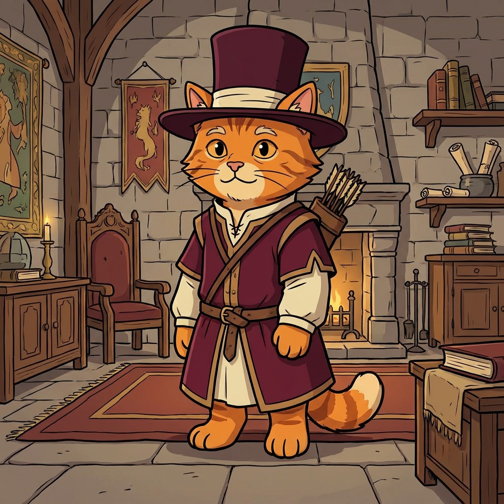 AI Design for cat in the promptbar is not a lion nor tiger just an inpiration for cats colours the cat description is the promptbar cats distant predcessors so use him as inspo .
🐱 Cedric Embermane
Colors:
clothes middle ages
Burgundy
Cream
Reason:
Warm, dependable, family-oriented. old wears a top hat dot eyes same style different clothes and is in a castle room