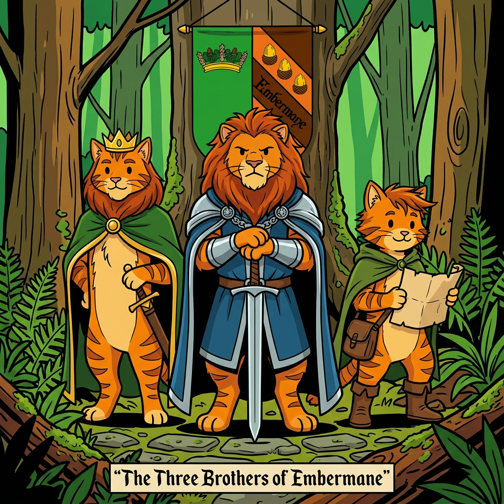 AI Design for Assuming we're talking about the **Three Brothers** who shaped the future of House Embermane—**Jonathan, Henry, and Walphazar Embermane**—I'd make them look like they clearly belong to the same family as Sir Embermane the Great, but each represents a different path.
All in the same style:
* Bold line art
* Dot eyes
* Minimal shading
* Simple coloring
* Storybook proportions
* Family resemblance visible immediately
---
# 👑 Jonathan Embermane
### The Noble Brother
Jonathan is the eldest.
When people see him, they immediately think:
> "That looks like a king."
### Appearance
* Orange tabby fur
* Red-brown cheek stripes
* Broad shoulders
* Tall but not as massive as Sir Embermane
### Hair
* Neatly groomed red-brown mane
* Shoulder length
* Well-maintained
### Clothing
🟢 Deep green royal cloak
🟡 Gold trim
👑 Simple crown
His clothes are elegant without being flashy.
### Expression
Calm.
Responsible.
The type of cat who thinks before speaking.
### Pose
Standing upright.
One paw resting on the hilt of a ceremonial sword.
The other behind his back.
Very formal.
Very regal.
---
# 🦅 Henry Embermane
### The Adventurer
Henry is the explorer.
The wanderer.
The brother who was always looking beyond the horizon.
### Appearance
* Slightly leaner build
* Athletic
* Tall
### Hair
* Messier mane
* Wind-swept look
* Slightly shorter than Jonathan's
### Clothing
🌲 Green travel cloak
🟤 Brown boots
🏹 Archer gear
🗺 Travel satchel
He looks ready to leave for an adventure at any moment.
### Expression
Friendly smile.
Curious eyes.
Always looks like he's thinking:
> "I wonder what's over that hill."
### Pose
Holding a rolled map.
One foot slightly forward.
As if he might start walking at any moment.
---
# 🔥 Walphazar Embermane
### The Ambitious Brother
Walphazar is the most intimidating.
Not evil.
But intense.
The brother who wanted more.
### Appearance
* Largest of the three brothers
* Broad chest
* Strong jaw
Almost approaching Sir Embermane's size.
### Hair
Huge ember-colored mane.
Much larger than his brothers'.
A symbol of pride and power.
### Clothing
blue silver
His clothing is more elaborate than Jonathan's.
He wants people to notice him.
### Expression
Serious.
Determined.
Confident.
The type of cat who enters a room and immediately takes control.
### Pose
Standing with both hands resting on a large sword.
Similar to Sir Embermane.
Showing that he admired the founder greatly.
### Impression
Readers should immediately think:
> "This is the brother who changed everything."
---
# 🖼️ The Three Brothers Portrait
The coolest image might actually be all three together.
Jonathan on the left.
Henry on the right.
Walphazar in the center.
All wearing different variations of Embermane colors:
🔴 Red-brown
🟡 Gold
Behind them hangs the Embermane banner.
Beneath them:
**The Three Brothers of Embermane**
The image should feel important because these three are the reason the family history became so complicated in the first place. Their choices shaped everything that happens generations later—including Jasper's story. 📖👑🔥🏹🐱 jasper is the cat in the prompt bar but dont include him just replicate the art syle cats not lions CATS TABBY ORANGE BROWN KITTENS