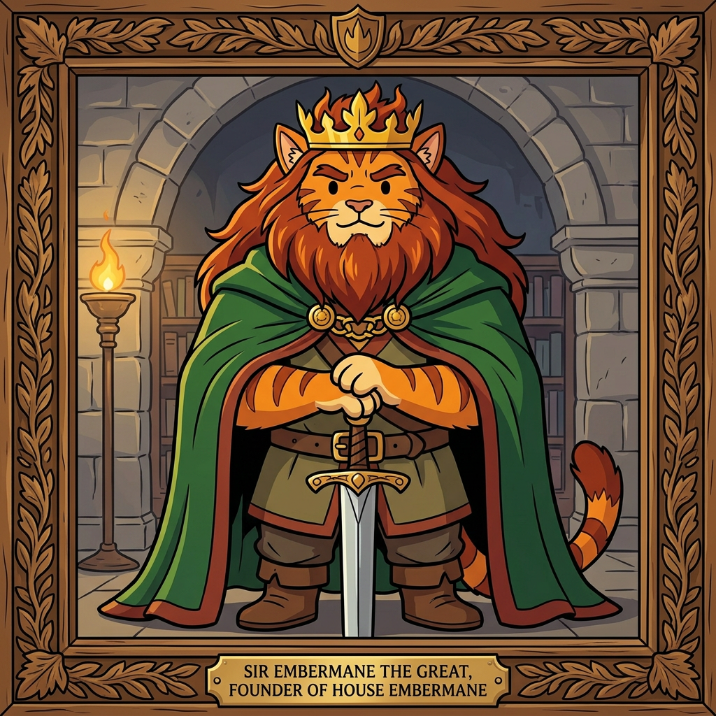 AI Design for # 👑 Sir Embermane the Great
If Jasper is the young dreamer of the family, then **Sir Embermane the Great** should look like the living legend who started it all.
In the Embermane Chronicles art style:
* Bold line art
* Simple coloring
* Minimal shading
* Dot eyes
* Strong, readable silhouette
His portrait should instantly tell the reader:
> "This is the ancestor everybody talks about."
---
## 🐱 Appearance
Sir Embermane the Great has the same basic fur colors as Jasper, showing the family resemblance immediately.
* Orange tabby fur
* Red-brown cheek stripes
* Red-brown markings on the arms and legs
* Red-brown ear tips
The resemblance should be obvious enough that readers can immediately see:
> "Jasper came from this family."
---
## 🔥 Mane and Beard
This is his most striking feature.
Unlike Jasper's smaller mane-like hair, Sir Embermane has:
* A massive ember-colored mane
* Deep red-brown mixed with fiery orange
* Flowing down past his shoulders
And an equally impressive beard:
* Long
* Thick
* Well-kept
* Split slightly near the bottom
The beard should make him look wise and ancient.
The mane should make him look powerful.
Together they create the image of a lion-like king.
---
## 👑 Crown
His crown should be recognizable throughout the series.
Not huge.
Not covered in jewels.
Instead:
* Thick gold band
* Leaf-inspired shapes
* Flame-like points rising upward
Almost as if the crown itself was inspired by the name *Embermane*.
Simple enough to be drawn repeatedly.
Iconic enough to become a symbol.
---
## 💪 Build
Sir Embermane is enormous.
Not just tall.
Broad.
Powerful.
The biggest Embermane portrait in the gallery.
Wide shoulders.
Strong arms.
Barrel chest.
The kind of figure who fills an entire doorway.
Even standing still, he looks formidable.
---
## 👘 Clothing
Royal but practical.
Not overloaded with decorations.
A deep green royal cloak.
Red-brown trim around the edges.
Large golden clasp at the neck.
Underneath:
* Tunic
* Belt
* Boots
Everything designed to support the silhouette rather than distract from it.
---
## ⚔️ Pose
This is where the portrait becomes memorable.
He stands perfectly upright.
Feet planted firmly.
Both hands resting on the pommel of a great sword.
The sword points downward.
Its tip touches the ground.
The blade stands directly in front of him.
A classic kingly pose.
Calm.
Confident.
Unmovable.
Like a statue.
---
## 😐 Expression
Not smiling.
Not angry.
A calm, commanding expression.
The look of somebody who has:
* Won wars
* Built kingdoms
* Made difficult choices
Yet remains composed.
The dot eyes should still be simple, but the eyebrows and posture do most of the work.
---
## 🖼️ Portrait Composition
Imagine Jasper discovering this portrait in the library.
The portrait hangs higher than the others.
Large ornate frame.
Oak leaves carved into the border.
Embermane crest beneath it.
The painting shows Sir Embermane standing tall with his sword.
Looking directly outward.
As though he is watching over every generation that came after him.
Beneath the portrait:
**Sir Embermane the Great**
*Founder of House Embermane*
And even before Jasper reads a single word, he immediately thinks:
> "I want to be like him."
That's the feeling the portrait should give. 👑⚔️🐱🔥📖
jasper is cat in promptbar.
