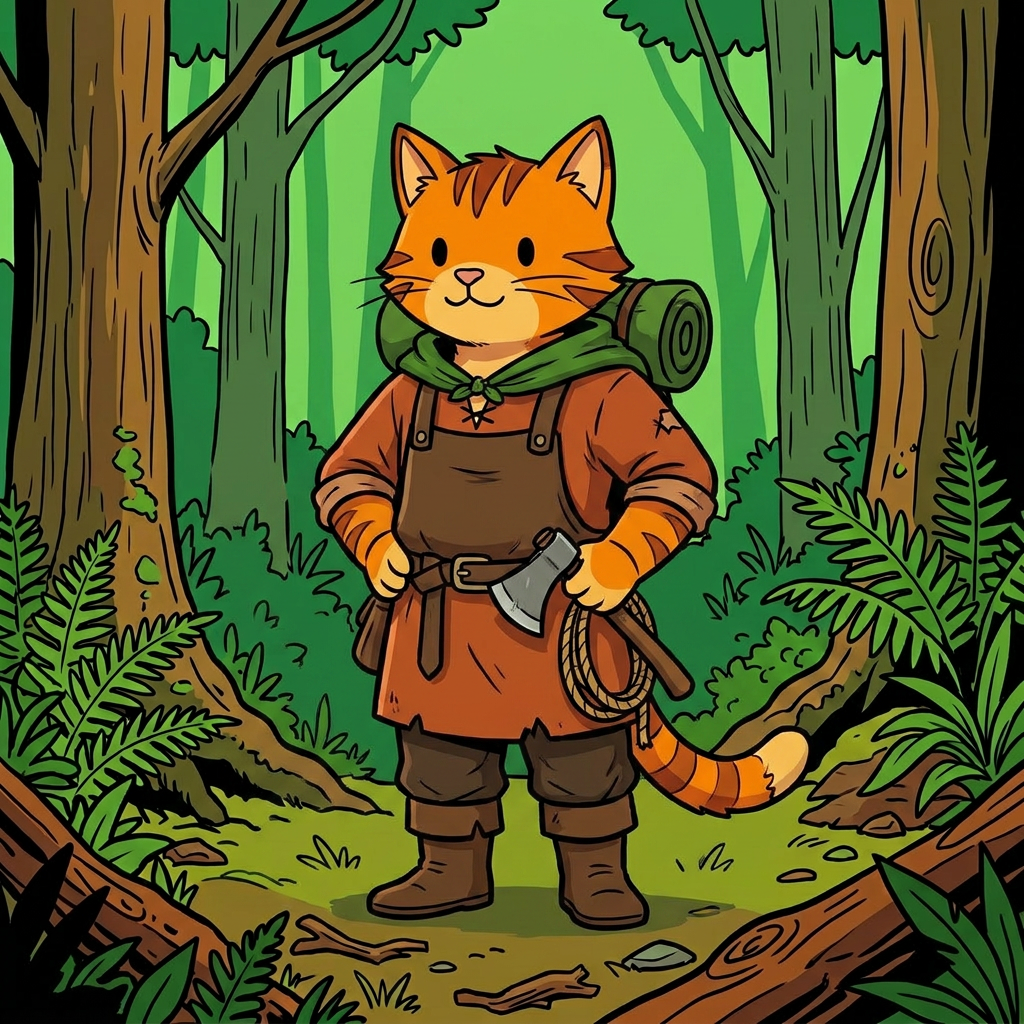 AI Design for cat in the promptbar is not a lion nor tiger just an inpiration for cats colours the cat description is the promptbar cats distant predcessors so use him as inspo .
same art syle speceies different height pose gender japer is the orange cat in prombar 🐱 Jasper's Father
he is orange with brownish red
Colors:
od clothes+
Rust orange
Dark brown
Reason:
A hardworking, practical Embermane.
Reason:
Outdoorsy and adventurous.
dot eyes minimal shading simple colours middle ages and dot eyes.