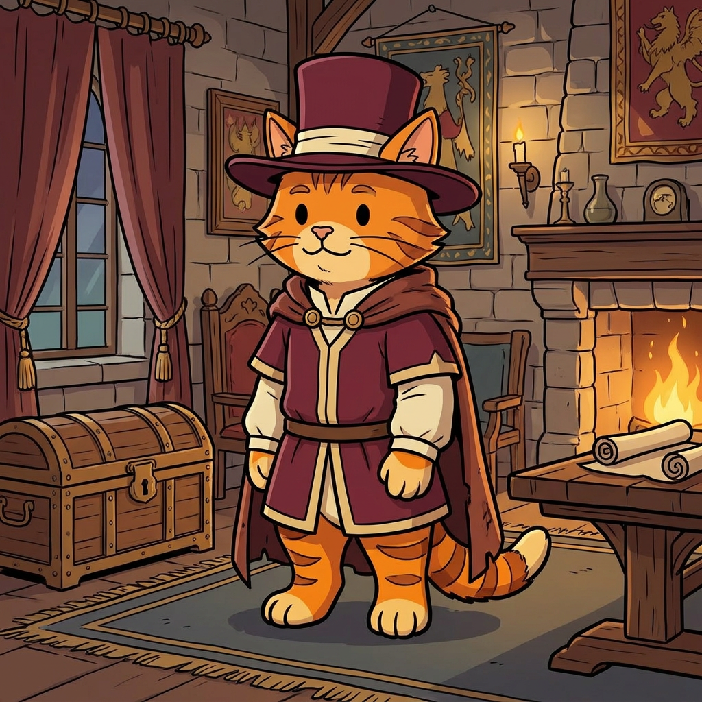 AI Design for cat in the promptbar is not a lion nor tiger just an inpiration for cats colours the cat description is the promptbar cats distant predcessors so use him as inspo .
🐱 Cedric Embermane
Colors:
clothes middle ages
Burgundy
Cream
Reason:
Warm, dependable, family-oriented. old wears a top hat dot eyes same style different clothes and is in a castle room