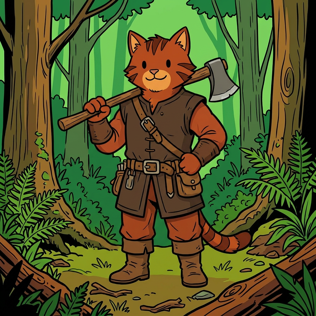 AI Design for cat in the promptbar is not a lion nor tiger just an inpiration for cats colours the cat description is the promptbar cats distant predcessors so use him as inspo .
same art syle speceies different height pose gender japer is the orange cat in prombar 🐱 Jasper's Father
Colors:
od clothes+
Rust orange
Dark brown
Reason:
A hardworking, practical Embermane.
Reason:
Outdoorsy and adventurous.
dot eyes minimal shading simple colours middle ages and dot eyes.