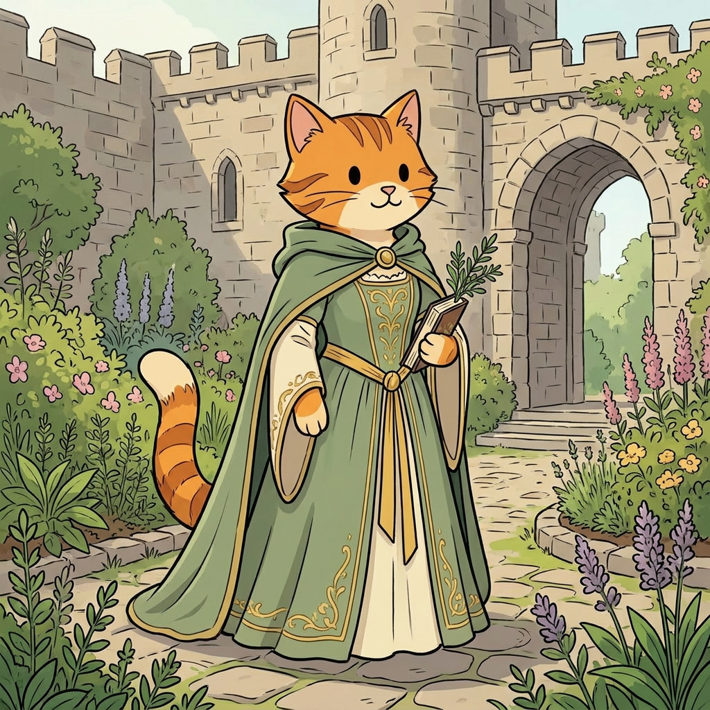 AI Design for cat in the promptbar is not a lion nor tiger just an inpiration for cats colours the cat description is the promptbar cats distant predcessors so use him as inspo .
same art syle speceies different height pose gender 🌿 Hazel Embermane
Colors:
of clothes
Sage green
Cream
Soft gold
Reason:
Gentle and wise. in castle garden dot eyes minimal shading simple colours middle ages and dot eyes.