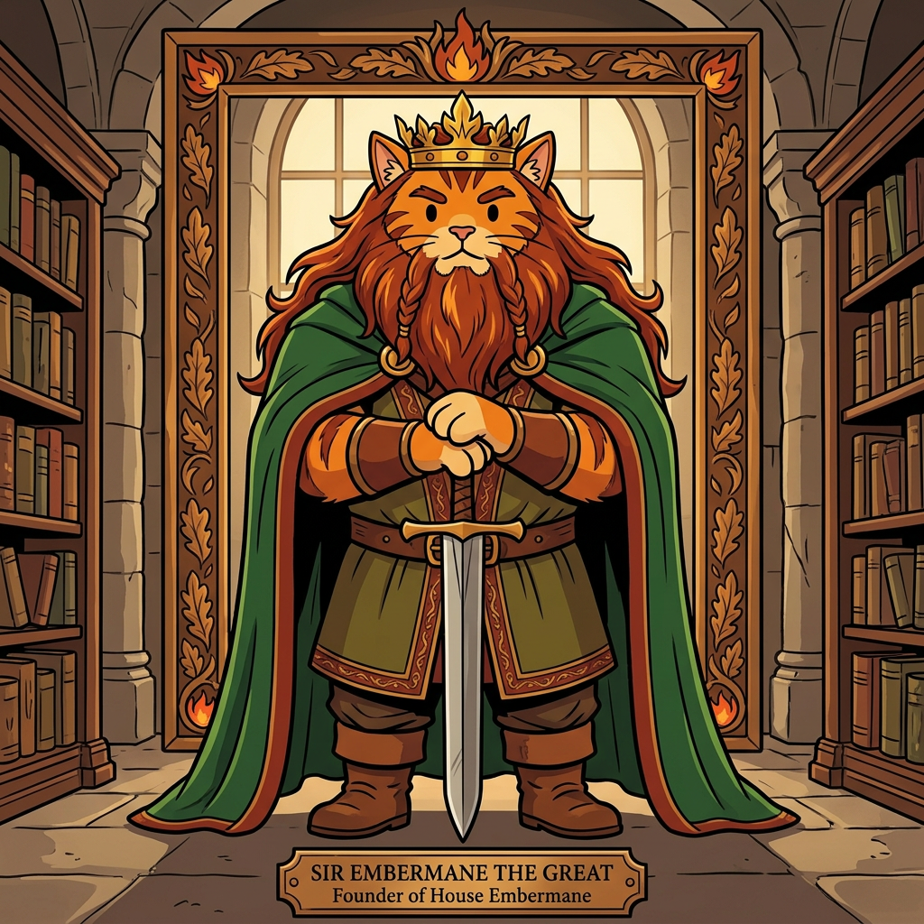 AI Design for # 👑 Sir Embermane the Great
If Jasper is the young dreamer of the family, then **Sir Embermane the Great** should look like the living legend who started it all.
In the Embermane Chronicles art style:
* Bold line art
* Simple coloring
* Minimal shading
* Dot eyes
* Strong, readable silhouette
His portrait should instantly tell the reader:
> "This is the ancestor everybody talks about."
---
## 🐱 Appearance
Sir Embermane the Great has the same basic fur colors as Jasper, showing the family resemblance immediately.
* Orange tabby fur
* Red-brown cheek stripes
* Red-brown markings on the arms and legs
* Red-brown ear tips
The resemblance should be obvious enough that readers can immediately see:
> "Jasper came from this family."
---
## 🔥 Mane and Beard
This is his most striking feature.
Unlike Jasper's smaller mane-like hair, Sir Embermane has:
* A massive ember-colored mane
* Deep red-brown mixed with fiery orange
* Flowing down past his shoulders
And an equally impressive beard:
* Long
* Thick
* Well-kept
* Split slightly near the bottom
The beard should make him look wise and ancient.
The mane should make him look powerful.
Together they create the image of a lion-like king.
---
## 👑 Crown
His crown should be recognizable throughout the series.
Not huge.
Not covered in jewels.
Instead:
* Thick gold band
* Leaf-inspired shapes
* Flame-like points rising upward
Almost as if the crown itself was inspired by the name *Embermane*.
Simple enough to be drawn repeatedly.
Iconic enough to become a symbol.
---
## 💪 Build
Sir Embermane is enormous.
Not just tall.
Broad.
Powerful.
The biggest Embermane portrait in the gallery.
Wide shoulders.
Strong arms.
Barrel chest.
The kind of figure who fills an entire doorway.
Even standing still, he looks formidable.
---
## 👘 Clothing
Royal but practical.
Not overloaded with decorations.
A deep green royal cloak.
Red-brown trim around the edges.
Large golden clasp at the neck.
Underneath:
* Tunic
* Belt
* Boots
Everything designed to support the silhouette rather than distract from it.
---
## ⚔️ Pose
This is where the portrait becomes memorable.
He stands perfectly upright.
Feet planted firmly.
Both hands resting on the pommel of a great sword.
The sword points downward.
Its tip touches the ground.
The blade stands directly in front of him.
A classic kingly pose.
Calm.
Confident.
Unmovable.
Like a statue.
---
## 😐 Expression
Not smiling.
Not angry.
A calm, commanding expression.
The look of somebody who has:
* Won wars
* Built kingdoms
* Made difficult choices
Yet remains composed.
The dot eyes should still be simple, but the eyebrows and posture do most of the work.
---
## 🖼️ Portrait Composition
Imagine Jasper discovering this portrait in the library.
The portrait hangs higher than the others.
Large ornate frame.
Oak leaves carved into the border.
Embermane crest beneath it.
The painting shows Sir Embermane standing tall with his sword.
Looking directly outward.
As though he is watching over every generation that came after him.
Beneath the portrait:
**Sir Embermane the Great**
*Founder of House Embermane*
And even before Jasper reads a single word, he immediately thinks:
> "I want to be like him."
That's the feeling the portrait should give. 👑⚔️🐱🔥📖
jasper is cat in promptbar.