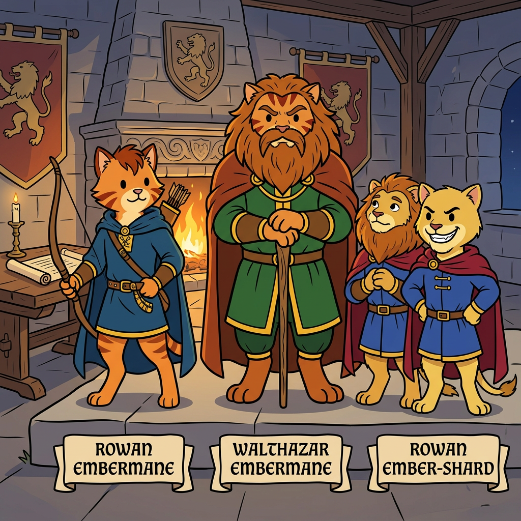 AI Design for the yellow cat does not have a maine and sir embermane the great sould not be in this photo put the charachters in a middle age room with walthazar in the middle and the boys like their sons and yellow cat has dot eyes like everyone else and has an evil grin