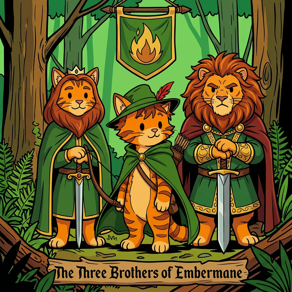 AI Design for Assuming we're talking about the **Three Brothers** who shaped the future of House Embermane—**Jonathan, Henry, and Walphazar Embermane**—I'd make them look like they clearly belong to the same family as Sir Embermane the Great, but each represents a different path.
All in the same style:
* Bold line art
* Dot eyes
* Minimal shading
* Simple coloring
* Storybook proportions
* Family resemblance visible immediately
---
# 👑 Jonathan Embermane
### The Noble Brother
Jonathan is the eldest.
When people see him, they immediately think:
> "That looks like a king."
### Appearance
* Orange tabby fur
* Red-brown cheek stripes
* Broad shoulders
* Tall but not as massive as Sir Embermane
### Hair
* Neatly groomed red-brown mane
* Shoulder length
* Well-maintained
### Clothing
🟢 Deep green royal cloak
🟡 Gold trim
👑 Simple crown
His clothes are elegant without being flashy.
### Expression
Calm.
Responsible.
The type of cat who thinks before speaking.
### Pose
Standing upright.
One paw resting on the hilt of a ceremonial sword.
The other behind his back.
Very formal.
Very regal.
---
# 🦅 Henry Embermane
### The Adventurer
Henry is the explorer.
The wanderer.
The brother who was always looking beyond the horizon.
### Appearance
* Slightly leaner build
* Athletic
* Tall
### Hair
* Messier mane
* Wind-swept look
* Slightly shorter than Jonathan's
### Clothing
🌲 Green travel cloak
🟤 Brown boots
🏹 Archer gear
🗺 Travel satchel
He looks ready to leave for an adventure at any moment.
### Expression
Friendly smile.
Curious eyes.
Always looks like he's thinking:
> "I wonder what's over that hill."
### Pose
Holding a rolled map.
One foot slightly forward.
As if he might start walking at any moment.
---
# 🔥 Walphazar Embermane
### The Ambitious Brother
Walphazar is the most intimidating.
Not evil.
But intense.
The brother who wanted more.
### Appearance
* Largest of the three brothers
* Broad chest
* Strong jaw
Almost approaching Sir Embermane's size.
### Hair
Huge ember-colored mane.
Much larger than his brothers'.
A symbol of pride and power.
### Clothing
🔴 Dark red royal cape
🟢 Green royal tunic
🟡 Heavy gold decorations
His clothing is more elaborate than Jonathan's.
He wants people to notice him.
### Expression
Serious.
Determined.
Confident.
The type of cat who enters a room and immediately takes control.
### Pose
Standing with both hands resting on a large sword.
Similar to Sir Embermane.
Showing that he admired the founder greatly.
### Impression
Readers should immediately think:
> "This is the brother who changed everything."
---
# 🖼️ The Three Brothers Portrait
The coolest image might actually be all three together.
Jonathan on the left.
Henry on the right.
Walphazar in the center.
All wearing different variations of Embermane colors:
🟢 Green
🔴 Red-brown
🟡 Gold
Behind them hangs the Embermane banner.
Beneath them:
**The Three Brothers of Embermane**
The image should feel important because these three are the reason the family history became so complicated in the first place. Their choices shaped everything that happens generations later—including Jasper's story. 📖👑🔥🏹🐱 jasper is the cat in the prompt bar