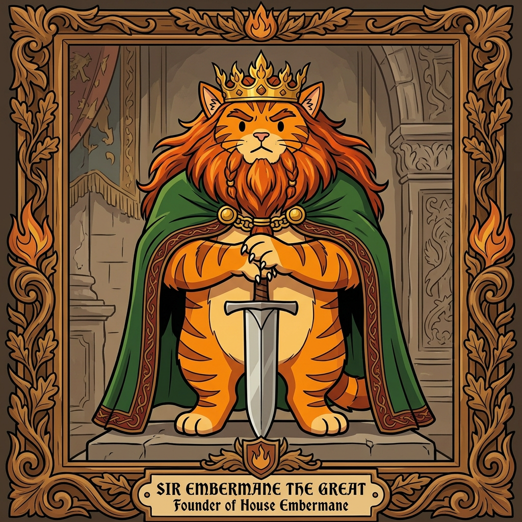 AI Design for # 👑 Sir Embermane the Great
If Jasper is the young dreamer of the family, then **Sir Embermane the Great** should look like the living legend who started it all.
In the Embermane Chronicles art style:
* Bold line art
* Simple coloring
* Minimal shading
* Dot eyes
* Strong, readable silhouette
His portrait should instantly tell the reader:
> "This is the ancestor everybody talks about."
---
## 🐱 Appearance
Sir Embermane the Great has the same basic fur colors as Jasper, showing the family resemblance immediately.
* Orange tabby fur
* Red-brown cheek stripes
* Red-brown markings on the arms and legs
* Red-brown ear tips
The resemblance should be obvious enough that readers can immediately see:
> "Jasper came from this family."
---
## 🔥 Mane and Beard
This is his most striking feature.
Unlike Jasper's smaller mane-like hair, Sir Embermane has:
* A massive ember-colored mane
* Deep red-brown mixed with fiery orange
* Flowing down past his shoulders
And an equally impressive beard:
* Long
* Thick
* Well-kept
* Split slightly near the bottom
The beard should make him look wise and ancient.
The mane should make him look powerful.
Together they create the image of a lion-like king.
---
## 👑 Crown
His crown should be recognizable throughout the series.
Not huge.
Not covered in jewels.
Instead:
* Thick gold band
* Leaf-inspired shapes
* Flame-like points rising upward
Almost as if the crown itself was inspired by the name *Embermane*.
Simple enough to be drawn repeatedly.
Iconic enough to become a symbol.
---
## 💪 Build
Sir Embermane is enormous.
Not just tall.
Broad.
Powerful.
The biggest Embermane portrait in the gallery.
Wide shoulders.
Strong arms.
Barrel chest.
The kind of figure who fills an entire doorway.
Even standing still, he looks formidable.
---
## 👘 Clothing
Royal but practical.
Not overloaded with decorations.
A deep green royal cloak.
Red-brown trim around the edges.
Large golden clasp at the neck.
Underneath:
* Tunic
* Belt
* Boots
Everything designed to support the silhouette rather than distract from it.
---
## ⚔️ Pose
This is where the portrait becomes memorable.
He stands perfectly upright.
Feet planted firmly.
Both hands resting on the pommel of a great sword.
The sword points downward.
Its tip touches the ground.
The blade stands directly in front of him.
A classic kingly pose.
Calm.
Confident.
Unmovable.
Like a statue.
---
## 😐 Expression
Not smiling.
Not angry.
A calm, commanding expression.
The look of somebody who has:
* Won wars
* Built kingdoms
* Made difficult choices
Yet remains composed.
The dot eyes should still be simple, but the eyebrows and posture do most of the work.
---
## 🖼️ Portrait Composition
Imagine Jasper discovering this portrait in the library.
The portrait hangs higher than the others.
Large ornate frame.
Oak leaves carved into the border.
Embermane crest beneath it.
The painting shows Sir Embermane standing tall with his sword.
Looking directly outward.
As though he is watching over every generation that came after him.
Beneath the portrait:
**Sir Embermane the Great**
*Founder of House Embermane*
And even before Jasper reads a single word, he immediately thinks:
> "I want to be like him."
That's the feeling the portrait should give. 👑⚔️🐱🔥📖
jasper is cat in promptbar