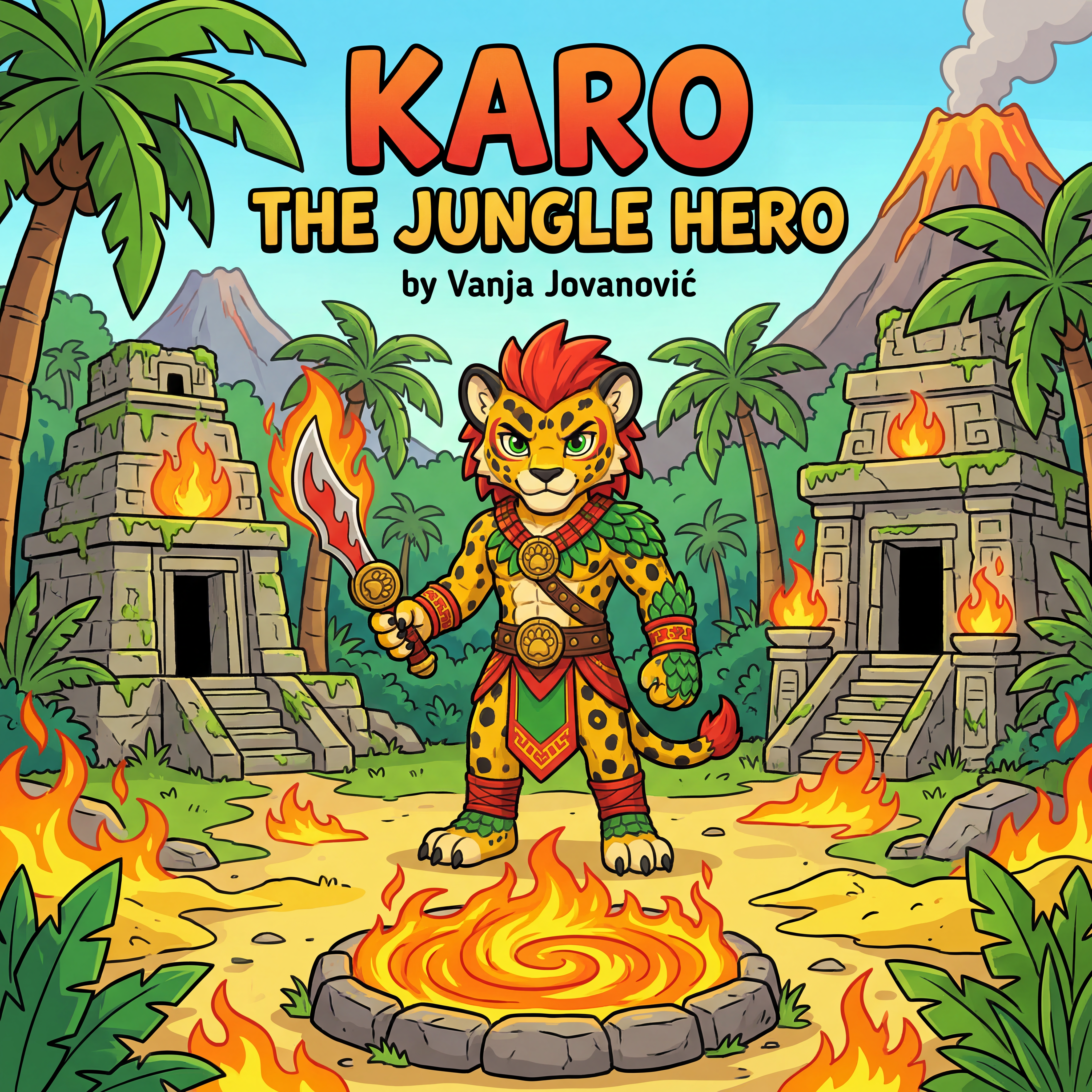 AI Design for book cover not to realisitc named karo the jungle hero name of author Vanja Jovanović and in the same cartoony art stzle like a dogman book or mario promo art art style with a jungle backdrop temples palm trees fire and karo is holding the fire sabre on the image also yellow bits like sand cool
