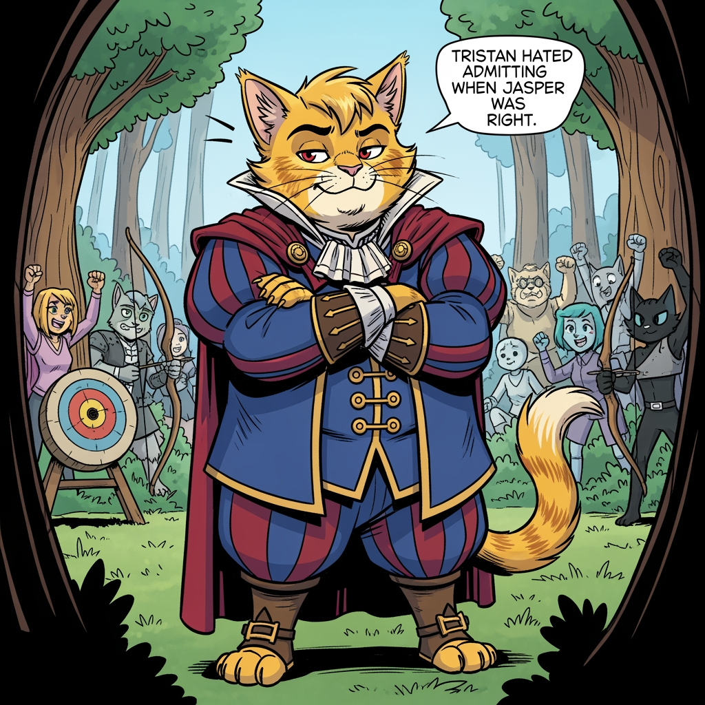 AI Design for # 🐱 Tristan Corvinhouse
If Jasper is the hero readers immediately want to root for...
**Tristan is the character they immediately want to roll their eyes at.**
Not because he's evil.
Not because he's a villain.
Because he's *annoying*.
And he knows it.
---
## First Impression
The first thing people notice about Tristan is that he's surprisingly small.
Not tiny.
Just slightly shorter than Jasper.
Which annoys him tremendously.
He wants to look grand.
Powerful.
Royal.
Important.
Instead, he's constantly trying to compensate.
---
## Fur
Like many members of House Corvinhouse, Tristan has:
🟡 Light golden-yellow fur
Almost like sunlight.
His fur is always well-groomed.
Always spotless.
Always perfect.
---
## Face
His most recognizable feature is his smile.
Not a warm smile.
Not a friendly smile.
A smug smile.
The kind that says:
> "I know something you don't."
Even when he absolutely doesn't.
---
## Eyes
🔴 Dark red eyes.
Sharp.
Expressive.
When he's teasing Jasper, they're full of mischief.
When he's embarrassed, they get wide.
When he's caught doing something stupid, he tries very hard to pretend he isn't embarrassed.
---
## Clothing
Tristan dresses like somebody who desperately wants everyone to remember he's royalty.
His outfit is:
🔵 Deep blue
🔴 Deep red
In a checkered pattern.
Rich fabrics.
Long sleeves.
Decorative buttons.
Fancy collars.
Everything is slightly more elaborate than necessary.
---
## Personality
Tristan loves attention.
Absolutely loves it.
If a room contains ten people, Tristan wants all ten people looking at him.
---
He constantly teases Jasper.
Not because he hates him.
Because Jasper is easy to tease.
And because Tristan secretly finds him interesting.
---
### Examples
Tristan:
> "Nice shot, Embermane. Were you aiming for the target or the tree behind it?"
Jasper:
> "I hit the target."
Tristan:
> "After three attempts."
---
He's that kind of character.
---
## His Biggest Flaw
He's insecure.
Deep down, Tristan feels like he has something to prove.
He's a prince.
He's expected to be impressive.
Expected to be confident.
Expected to be important.
Sometimes he's afraid he isn't.
So he hides that behind arrogance.
---
## His Biggest Strength
When things become serious...
Tristan shows up.
He complains.
He grumbles.
He acts like helping is beneath him.
Then he helps anyway.
---
## Pose
In illustrations:
👑 Standing dramatically
😏 Smirking
🫴 Gesturing while talking
🎭 Trying to look impressive
---
But occasionally:
😳 Looking embarrassed
😂 Laughing genuinely
😅 Being caught off guard
Those moments make readers like him.
---
## Silhouette
You'd recognize him instantly:
🐱 Smaller frame
👑 Royal clothing
🧥 Large sleeves
🎭 Confident pose
---
## Storybook Illustration Example
Imagine a chapter illustration.
Jasper has just won an archery competition.
The crowd is cheering.
Rufus is celebrating.
Ashen is playing music.
Pippa is clapping.
Milo is taking notes.
Shadow is drawing the event.
And standing nearby is Tristan.
Arms crossed.
Trying very hard not to look impressed.
Trying very hard not to smile.
Trying very hard not to admit that Jasper actually did a good job.
The illustration caption might as well read:
> "Tristan hated admitting when Jasper was right."
---
## The Feeling He Gives
Tristan isn't the villain.
He isn't the bully.
He isn't even really a rival in the traditional sense.
He's the prince who keeps trying to one-up Jasper, keeps getting dragged into adventures, and keeps accidentally becoming a better person along the way.
The kind of character who starts as:
> "Ugh, this guy."
And ends as:
> "Okay... maybe I like this guy."
😏👑🐱✨
more bolder comic book art szle lines in forest minimal shading vibrant colours onlz one version on the image bold black lines less detail like wrinklz lines more curvz and bolder thick lines he is the chubby kid prince and is short and a bit fat