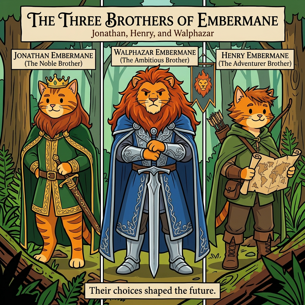 AI Design for Assuming we're talking about the **Three Brothers** who shaped the future of House Embermane—**Jonathan, Henry, and Walphazar Embermane**—I'd make them look like they clearly belong to the same family as Sir Embermane the Great, but each represents a different path.
All in the same style:
* Bold line art
* Dot eyes
* Minimal shading
* Simple coloring
* Storybook proportions
* Family resemblance visible immediately
---
# 👑 Jonathan Embermane
### The Noble Brother
Jonathan is the eldest.
When people see him, they immediately think:
> "That looks like a king."
### Appearance
* Orange tabby fur
* Red-brown cheek stripes
* Broad shoulders
* Tall but not as massive as Sir Embermane
### Hair
* Neatly groomed red-brown mane
* Shoulder length
* Well-maintained
### Clothing
🟢 Deep green royal cloak
🟡 Gold trim
👑 Simple crown
His clothes are elegant without being flashy.
### Expression
Calm.
Responsible.
The type of cat who thinks before speaking.
### Pose
Standing upright.
One paw resting on the hilt of a ceremonial sword.
The other behind his back.
Very formal.
Very regal.
---
# 🦅 Henry Embermane
### The Adventurer
Henry is the explorer.
The wanderer.
The brother who was always looking beyond the horizon.
### Appearance
* Slightly leaner build
* Athletic
* Tall
### Hair
* Messier mane
* Wind-swept look
* Slightly shorter than Jonathan's
### Clothing
🌲 Green travel cloak
🟤 Brown boots
🏹 Archer gear
🗺 Travel satchel
He looks ready to leave for an adventure at any moment.
### Expression
Friendly smile.
Curious eyes.
Always looks like he's thinking:
> "I wonder what's over that hill."
### Pose
Holding a rolled map.
One foot slightly forward.
As if he might start walking at any moment.
---
# 🔥 Walphazar Embermane
### The Ambitious Brother
Walphazar is the most intimidating.
Not evil.
But intense.
The brother who wanted more.
### Appearance
* Largest of the three brothers
* Broad chest
* Strong jaw
Almost approaching Sir Embermane's size.
### Hair
Huge ember-colored mane.
Much larger than his brothers'.
A symbol of pride and power.
### Clothing
blue silver
His clothing is more elaborate than Jonathan's.
He wants people to notice him.
### Expression
Serious.
Determined.
Confident.
The type of cat who enters a room and immediately takes control.
### Pose
Standing with both hands resting on a large sword.
Similar to Sir Embermane.
Showing that he admired the founder greatly.
### Impression
Readers should immediately think:
> "This is the brother who changed everything."
---
# 🖼️ The Three Brothers Portrait
The coolest image might actually be all three together.
Jonathan on the left.
Henry on the right.
Walphazar in the center.
All wearing different variations of Embermane colors:
🔴 Red-brown
🟡 Gold
Behind them hangs the Embermane banner.
Beneath them:
**The Three Brothers of Embermane**
The image should feel important because these three are the reason the family history became so complicated in the first place. Their choices shaped everything that happens generations later—including Jasper's story. 📖👑🔥🏹🐱 jasper is the cat in the prompt bar but dont include him just replicate the art syle